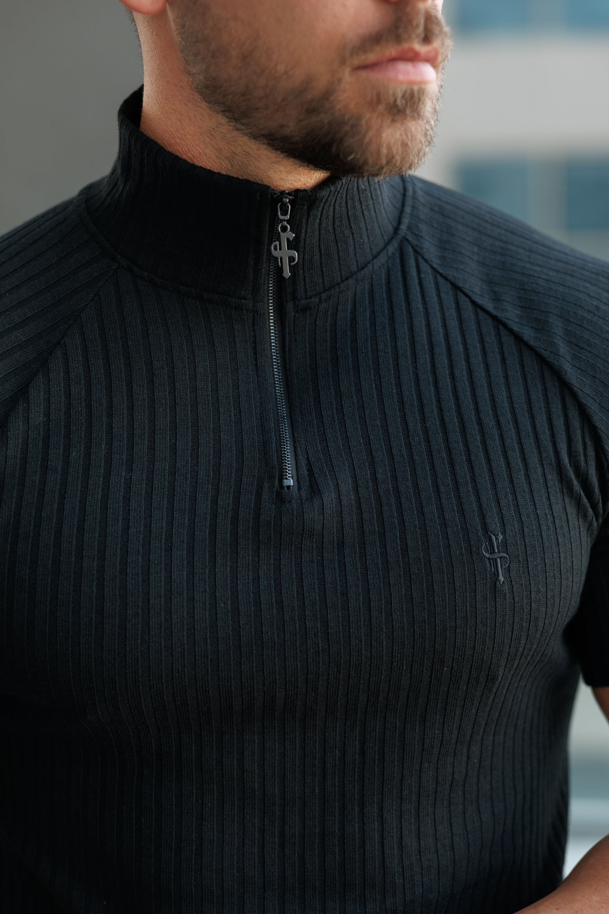 Classic Black Ribbed Zip Funnel Neck Raglan Short Sleeve Crew - FSH729