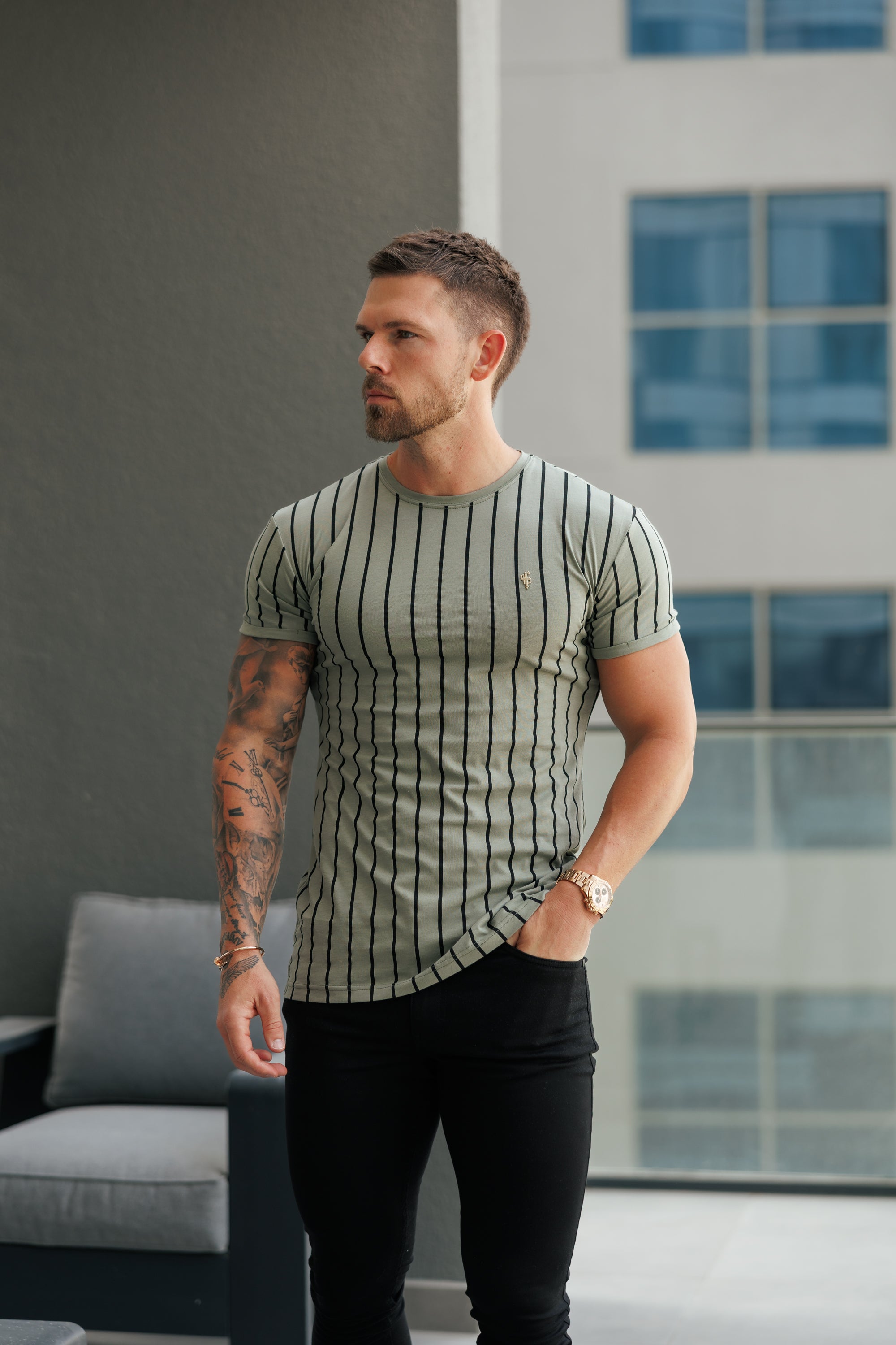 Printed Olive / Black Stripe Fitted T Shirt - FSH1374