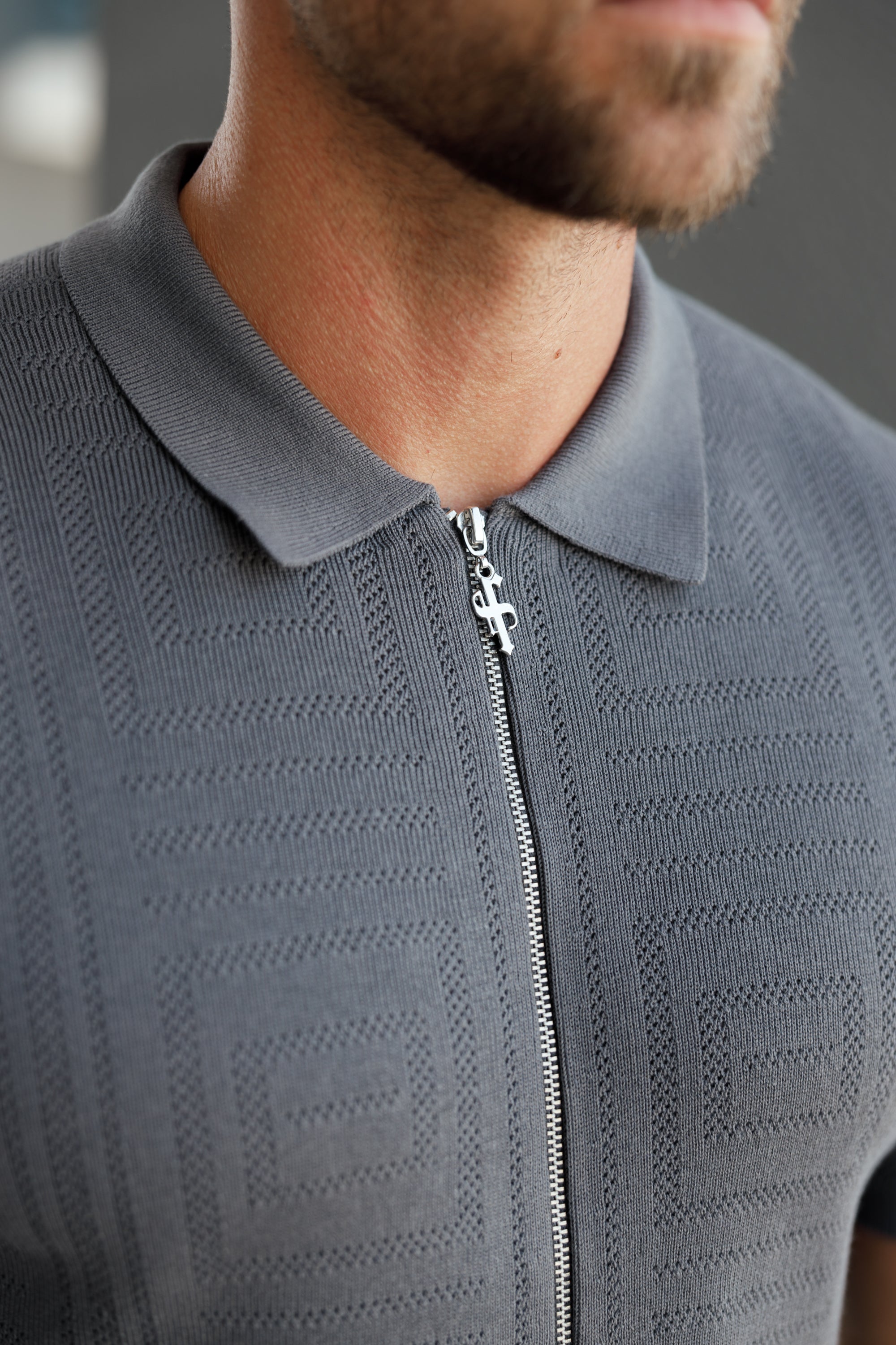 Classic Knitted Geo Design With Full Length Zip Gunmetal Short Sleeve - FSN150
