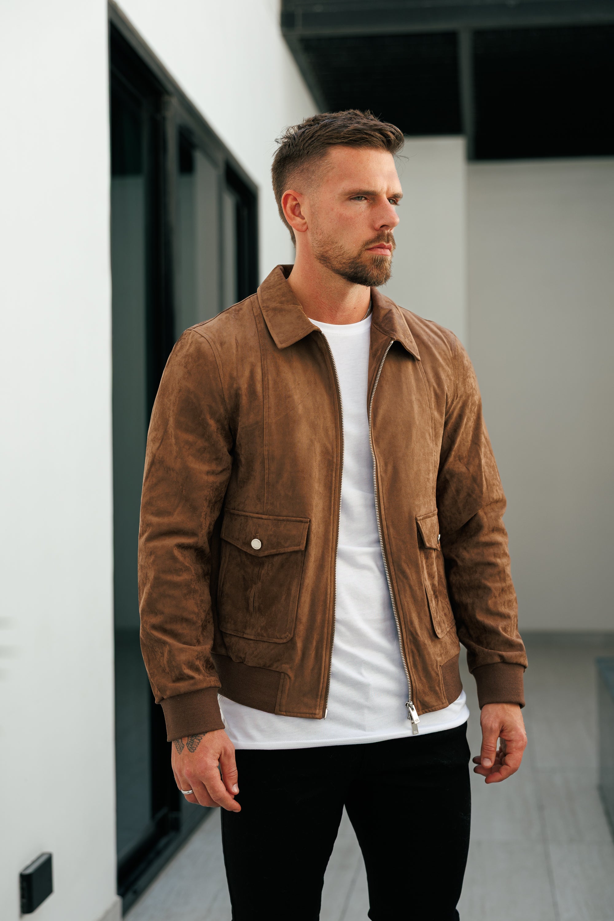 Suede Feel Light Brown Bomber Jacket - FSN229