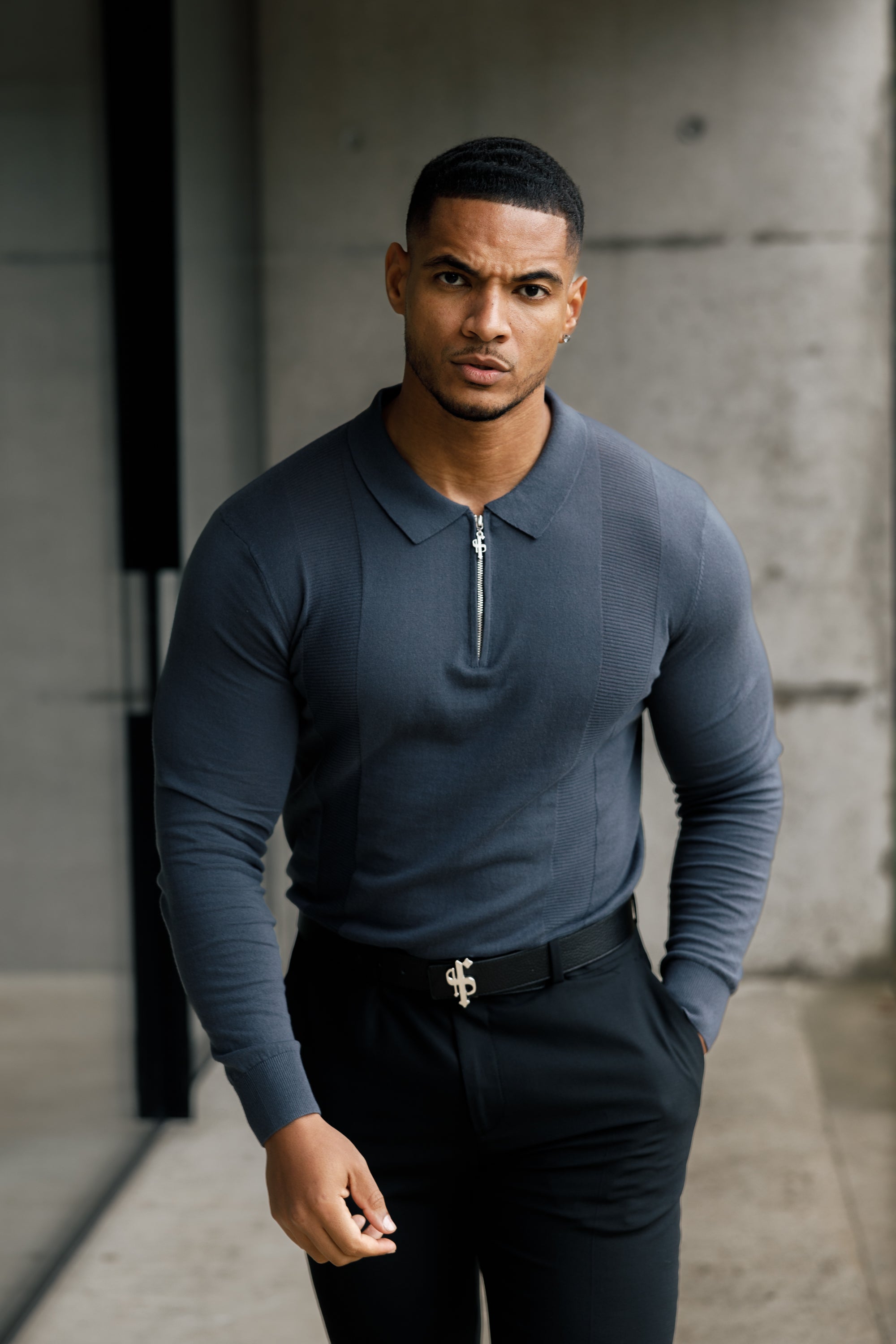 Classic Gunmetal and Silver Zip Knitted Polo Shirt Long Sleeve - FSN128
