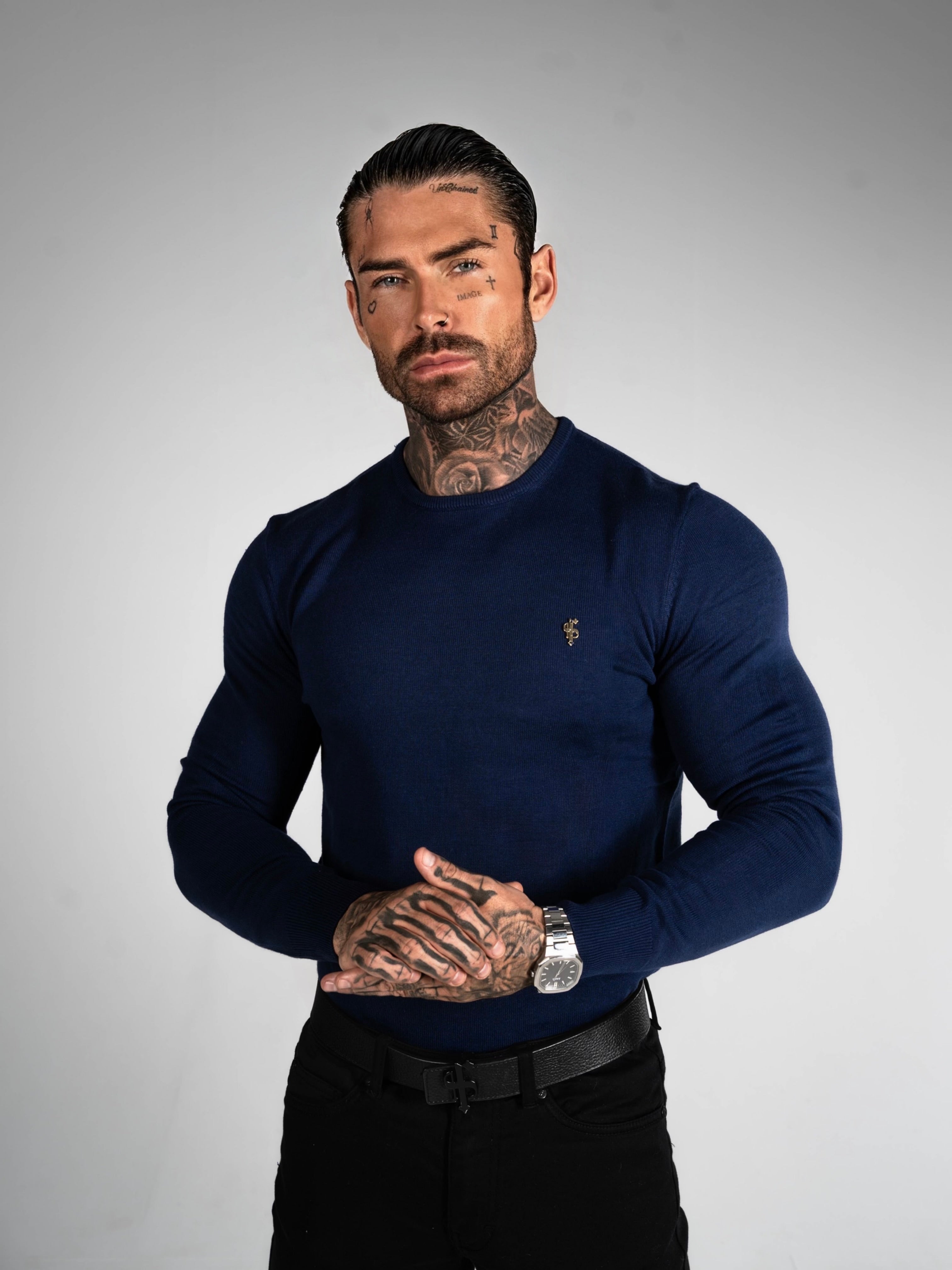 Navy Crew Neck Knitted Jumper With FS Branding - FSN197