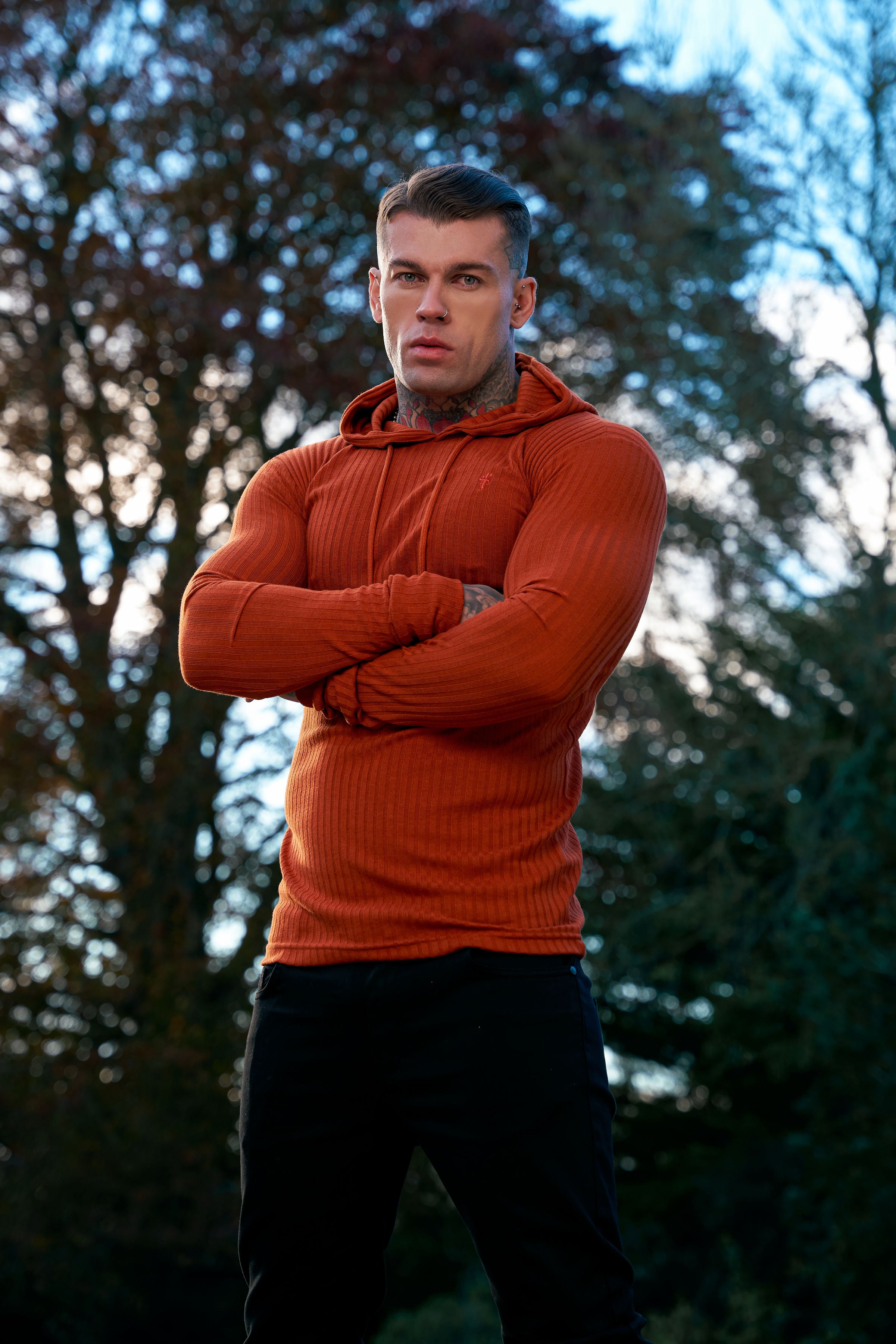 Classic Rust Ribbed Knit Hoodie Jumper - FSH910