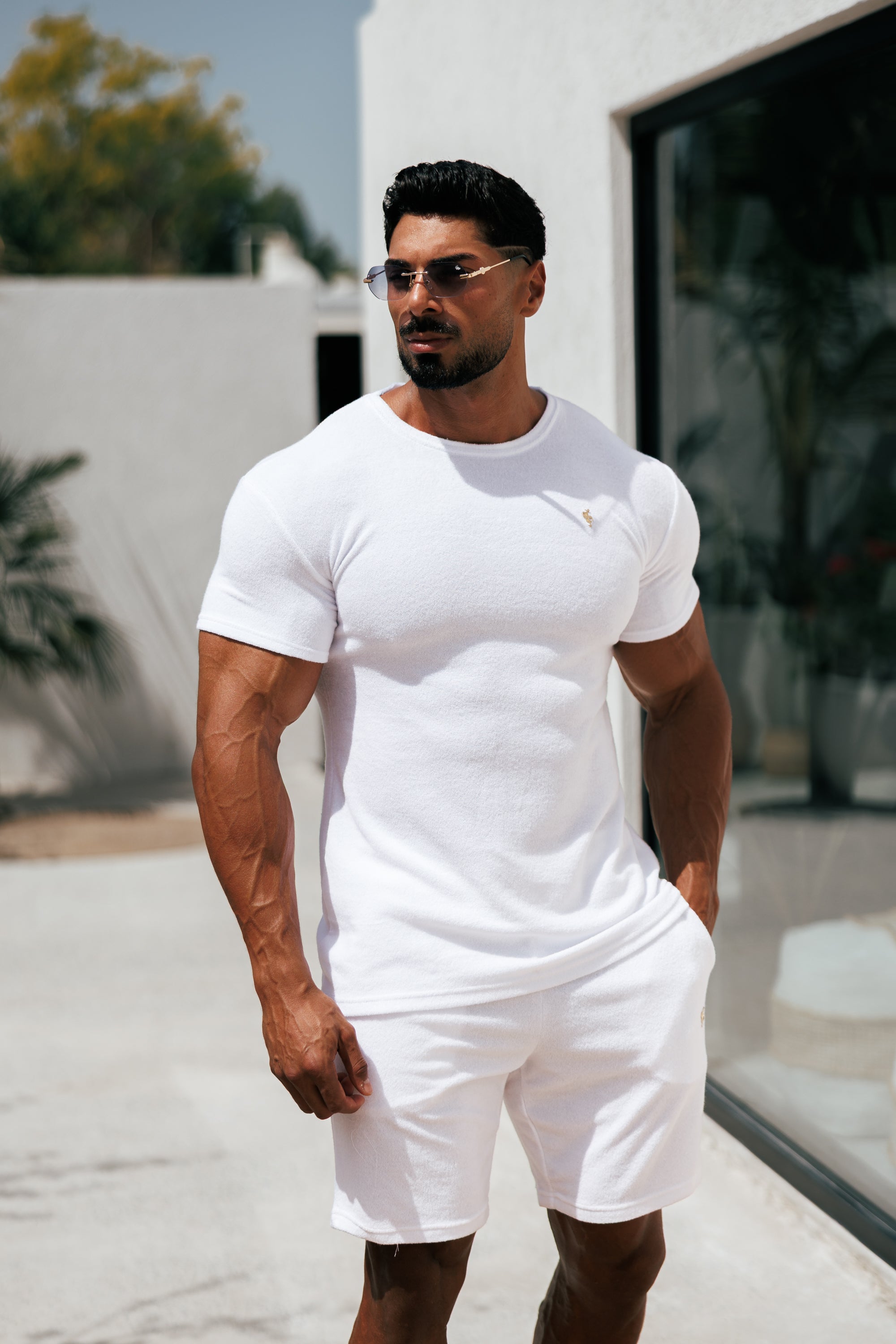 White / Gold Towelling Crew T Shirt - FSH1345