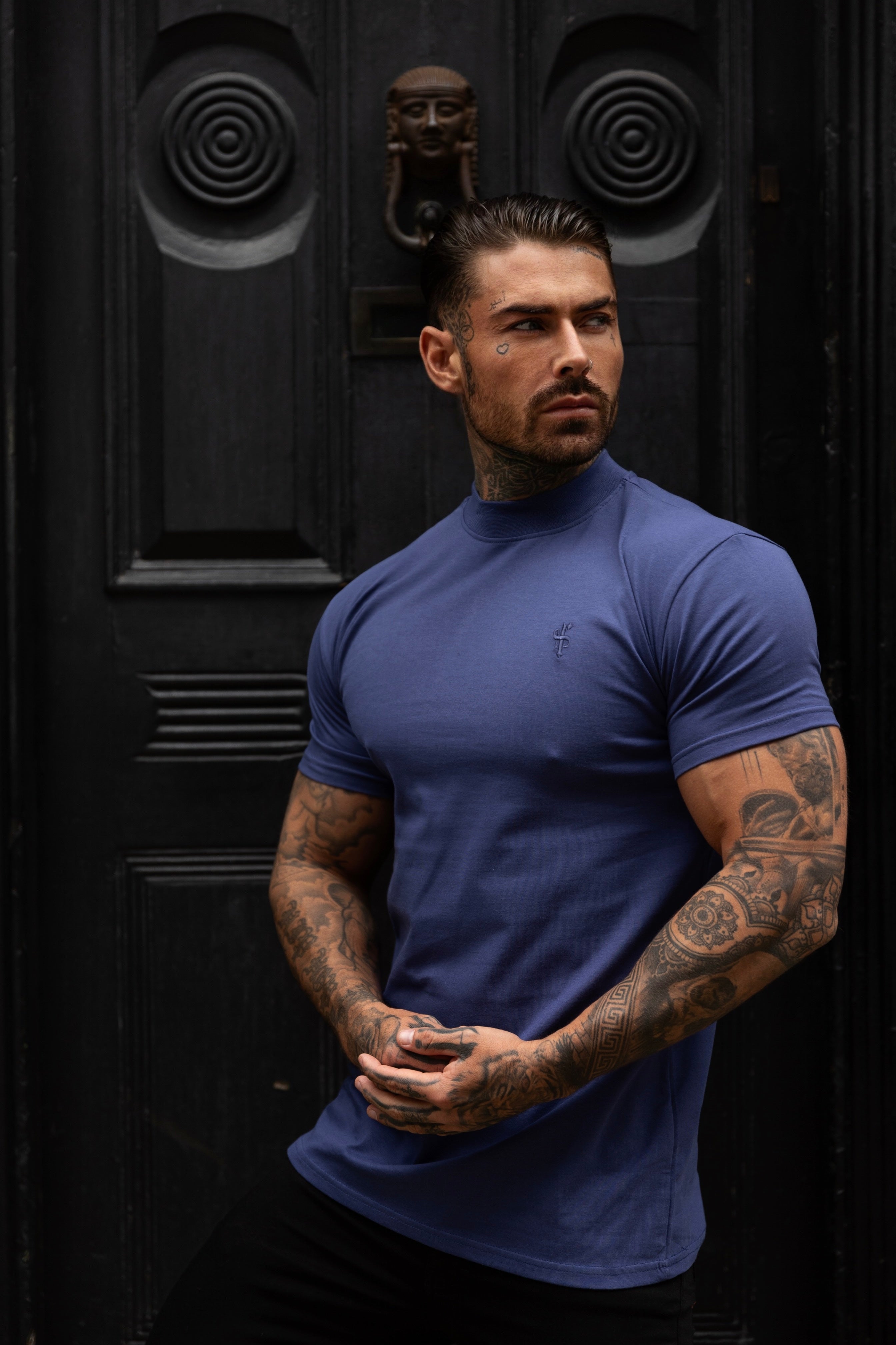 Ribbed High Neck Crew Short Sleeve Light Navy - FSH1009