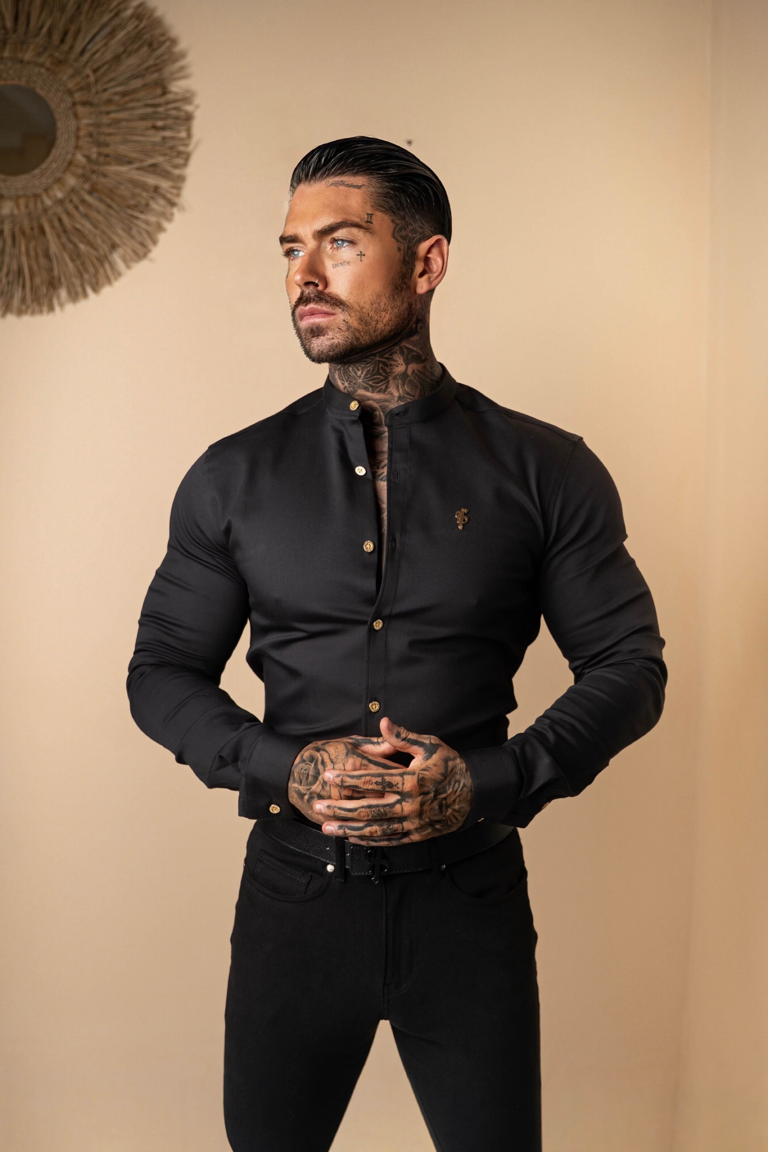Super Slim Stretch Black Denim Long Sleeve Grandad collar with Metal Buttons and Decal Emblem - FS707