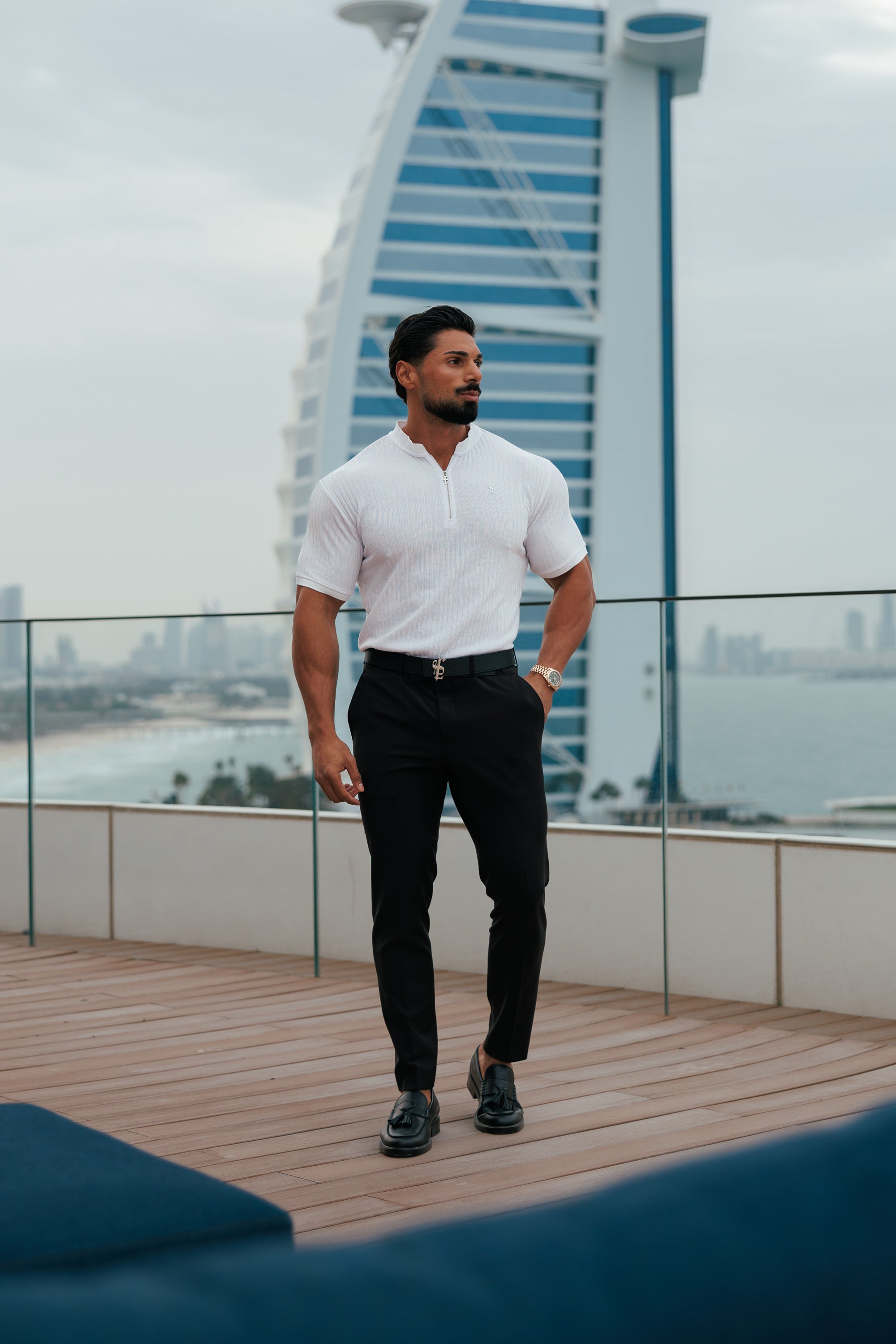 Classic White / Silver Ribbed Zip Grandad Collar Shirt Short Sleeve - FSH1447