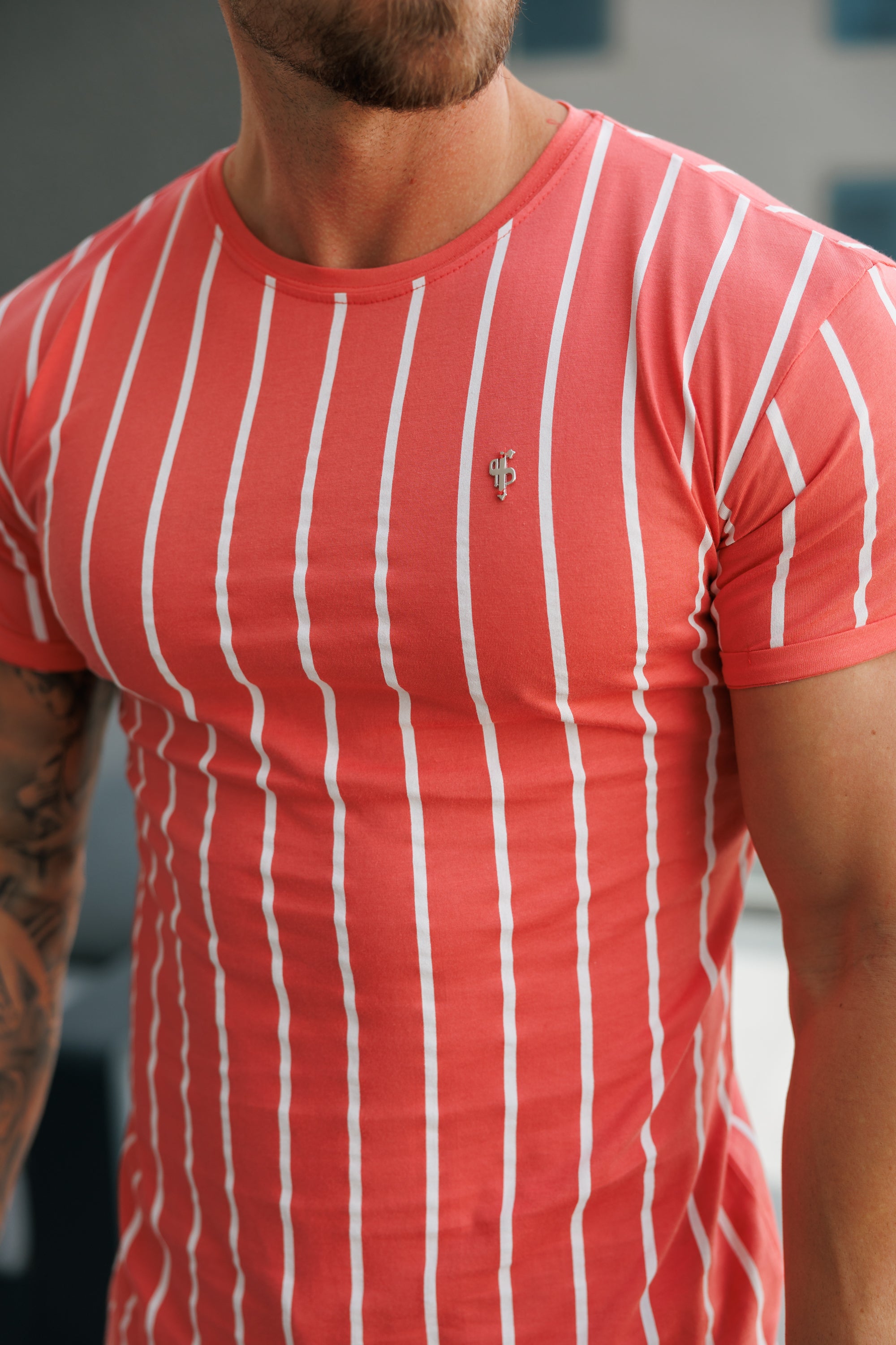 Printed Coral / White Stripe Fitted T Shirt - FSH1171