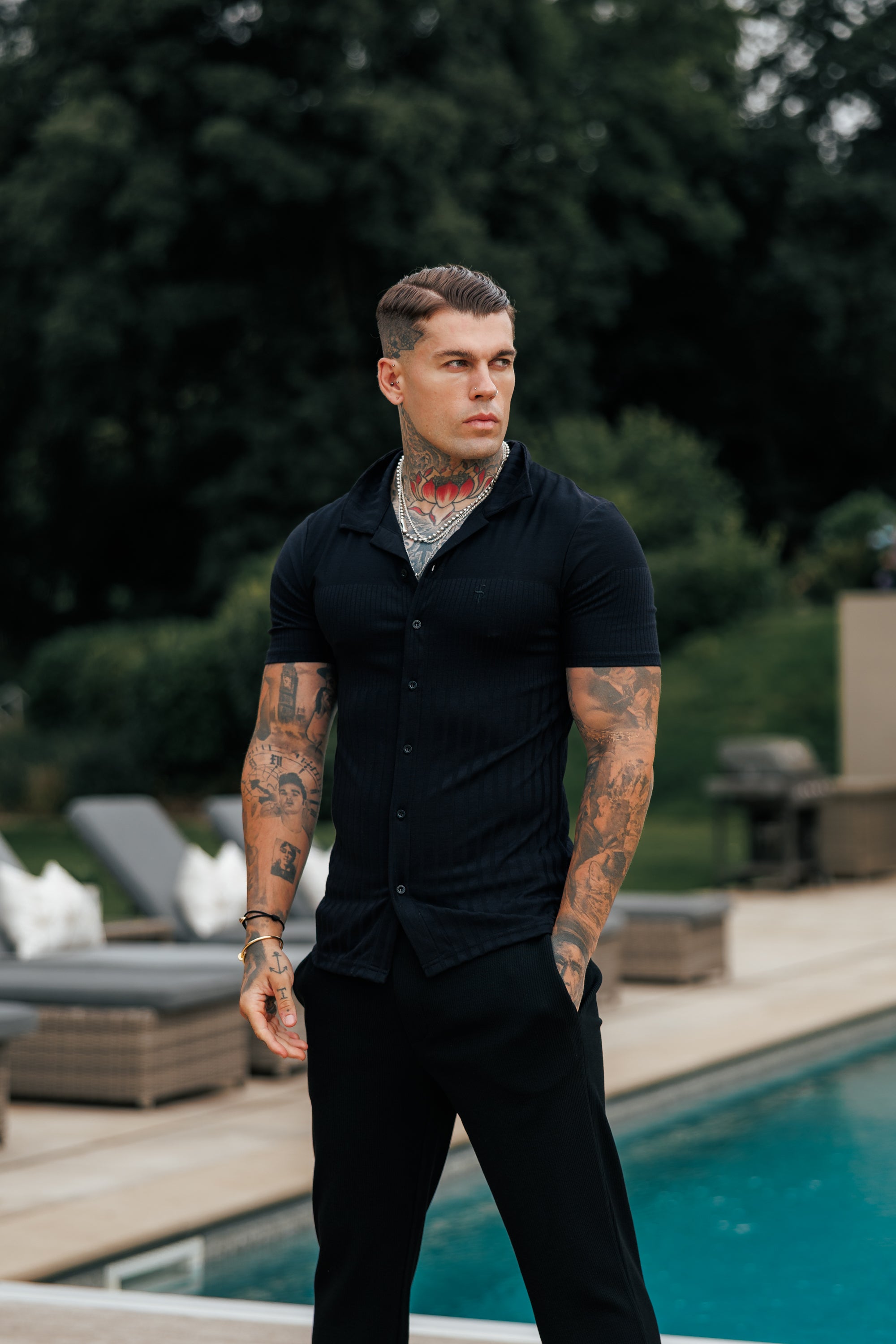 Jersey Revere Vertical Stripe Black Shirt Short Sleeve - FSR024