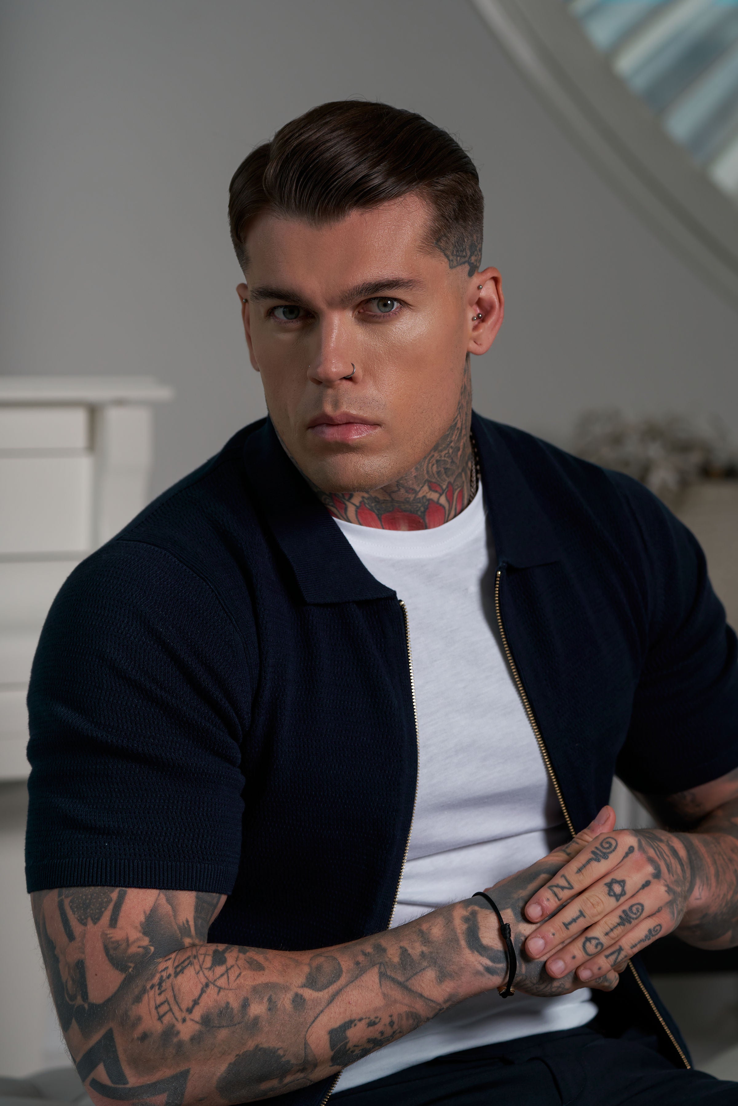 Classic Knitted Textured Design With Full Length Zip Navy Short Sleeve - FSN153