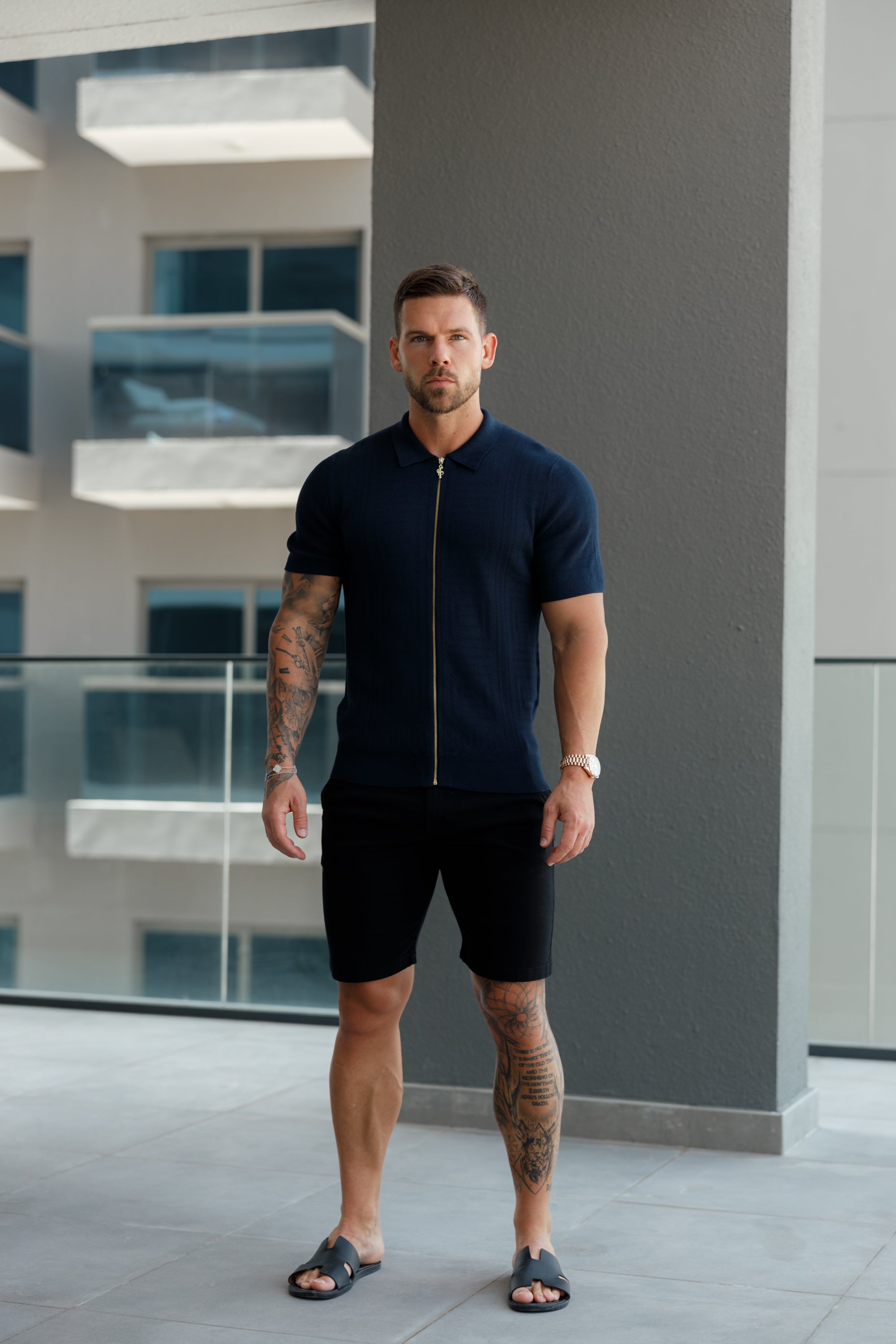 Classic Knitted Geo Design With Full Length Zip Navy Short Sleeve - FSN149