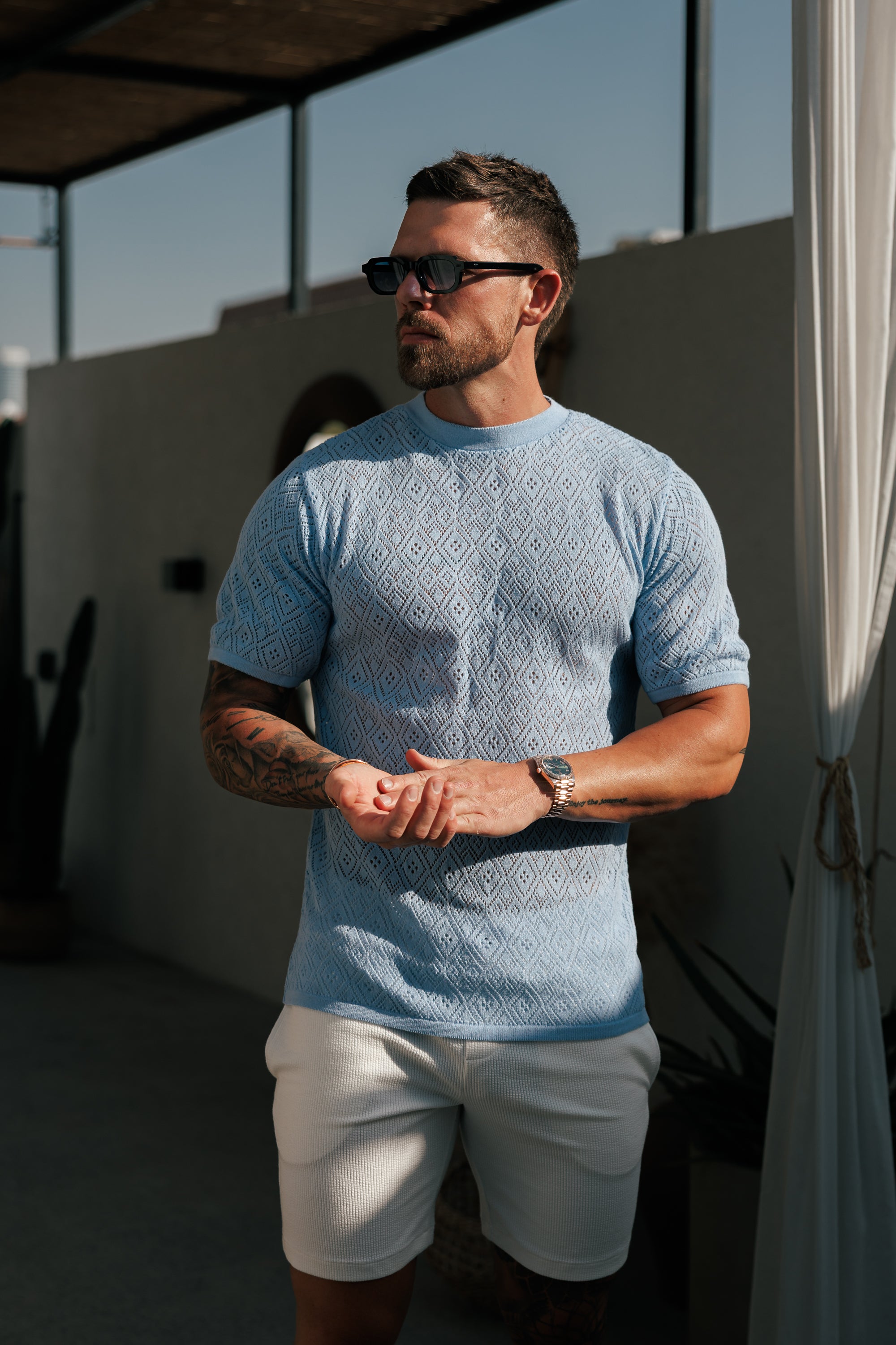Crochet Crew T-Shirt Blue Short Sleeve - FSJ088