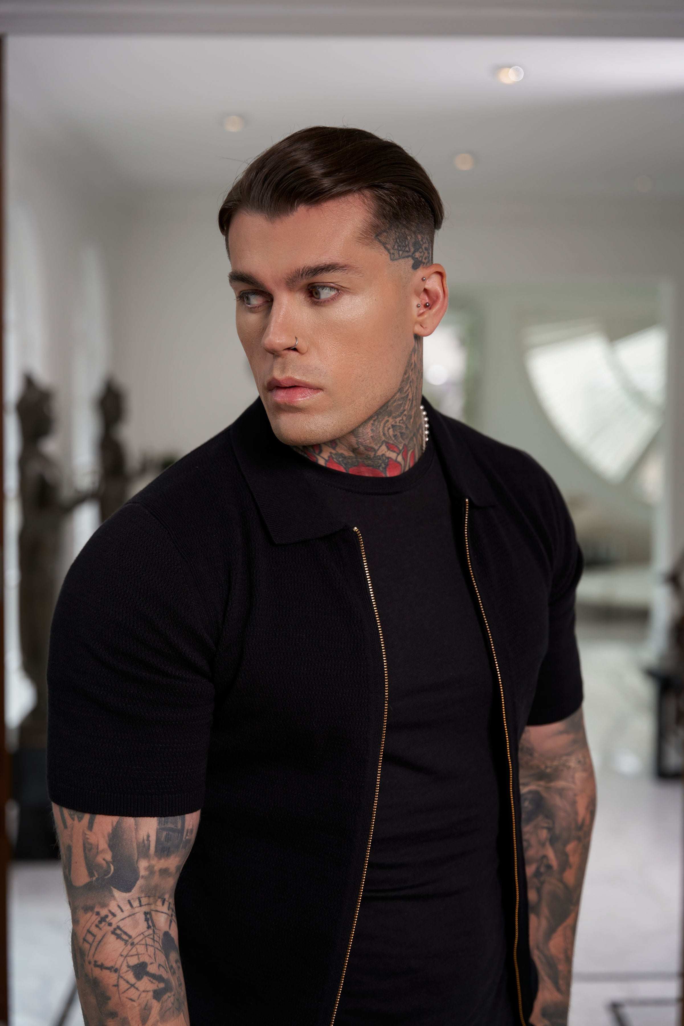 Classic Knitted Textured Design With Full Length Zip Black Short Sleeve - FSN151