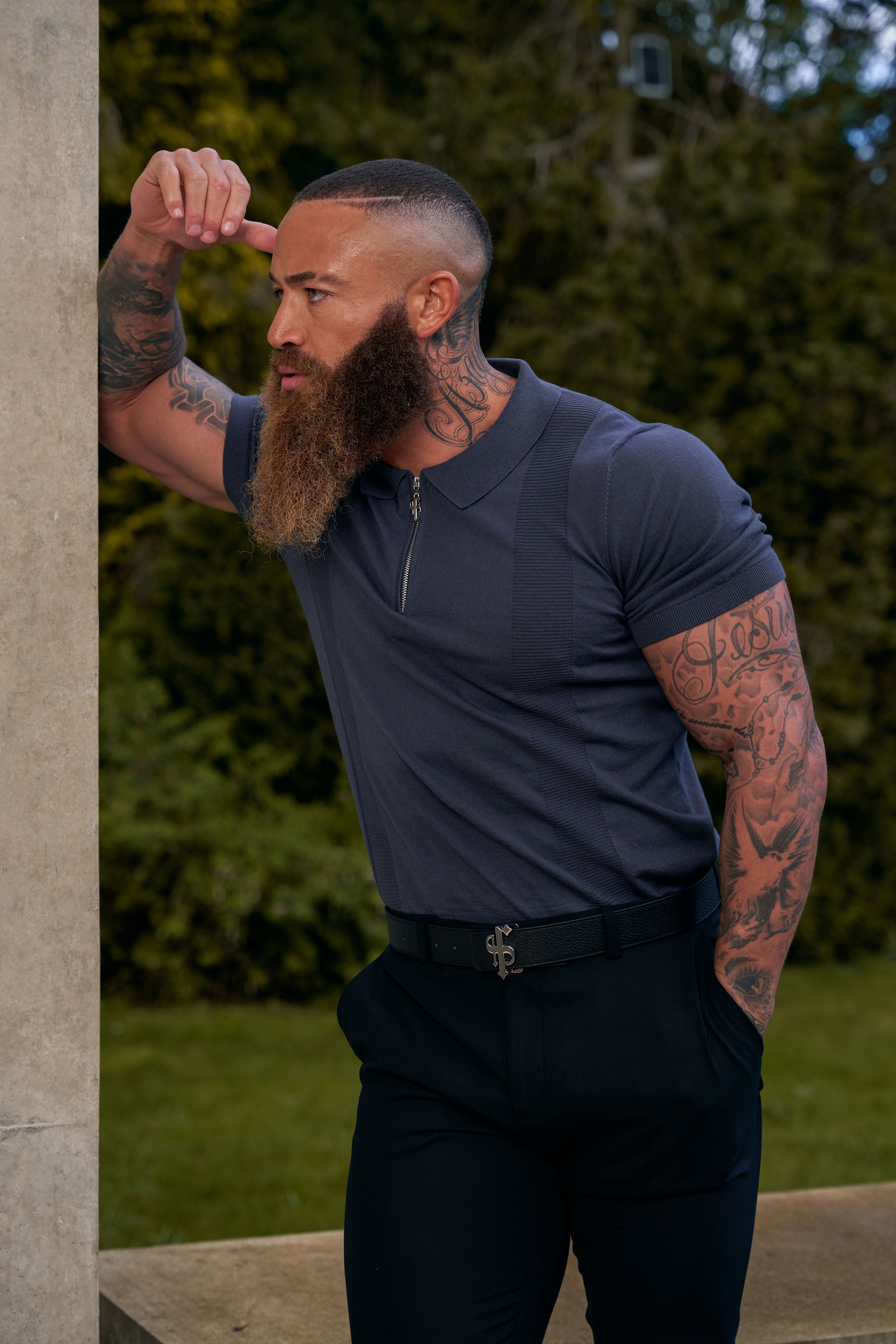 Classic Gunmetal and Silver Zip Knitted Polo Shirt Short Sleeve - FSN133