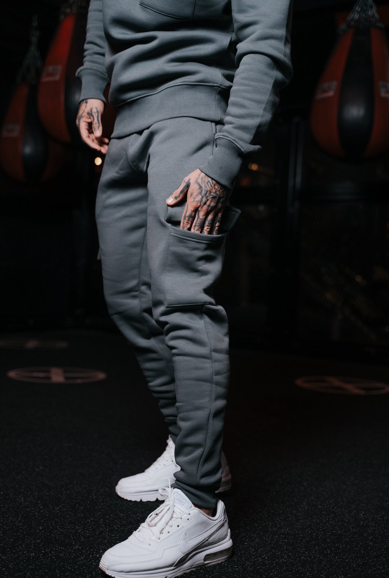 Dark Grey Cargo Tracksuit Bottoms With Pockets, Cuffed Hem and FS Embroidery - FSH938