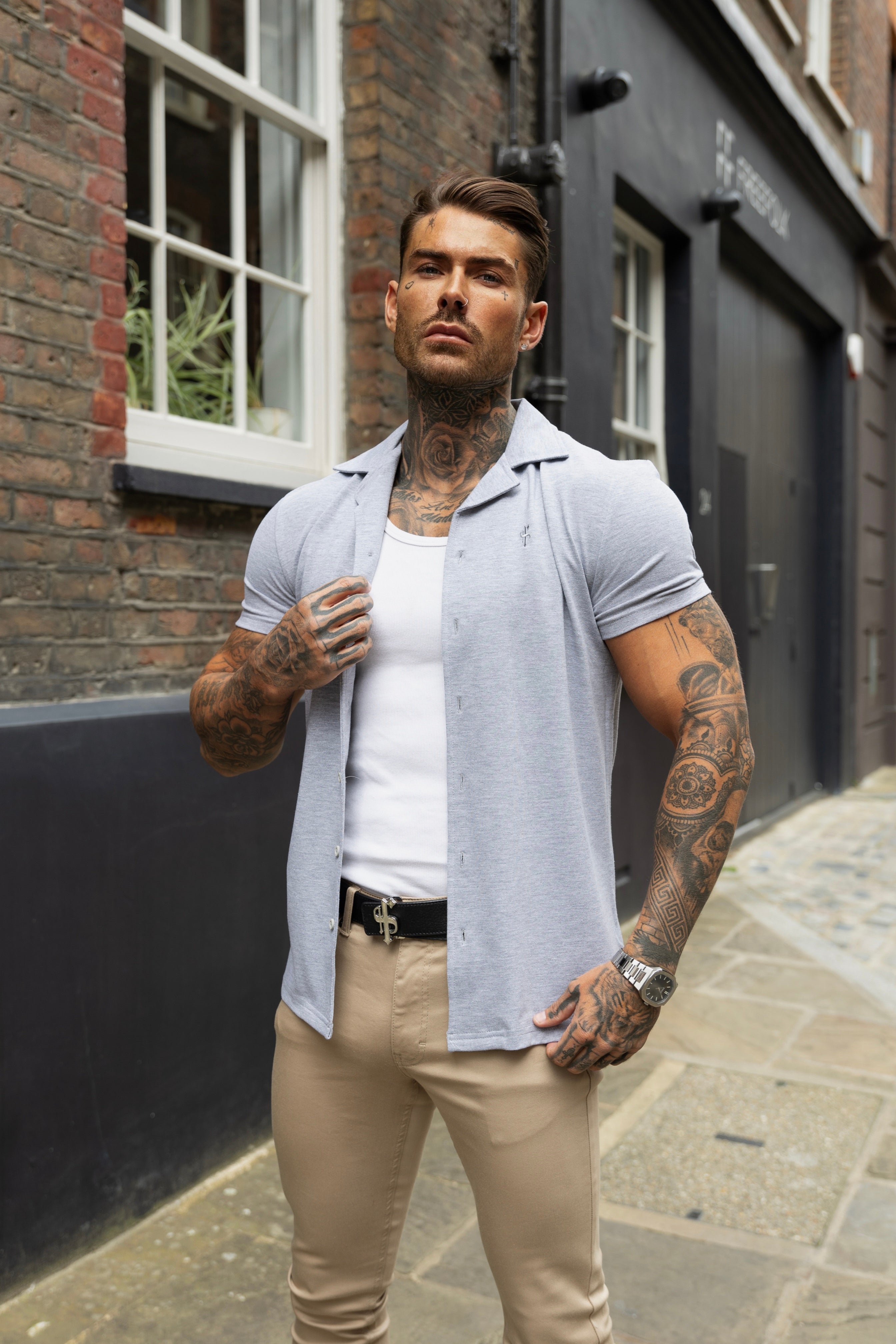 Stretch Light Grey Pique Revere Shirt Short Sleeve - FSH1072