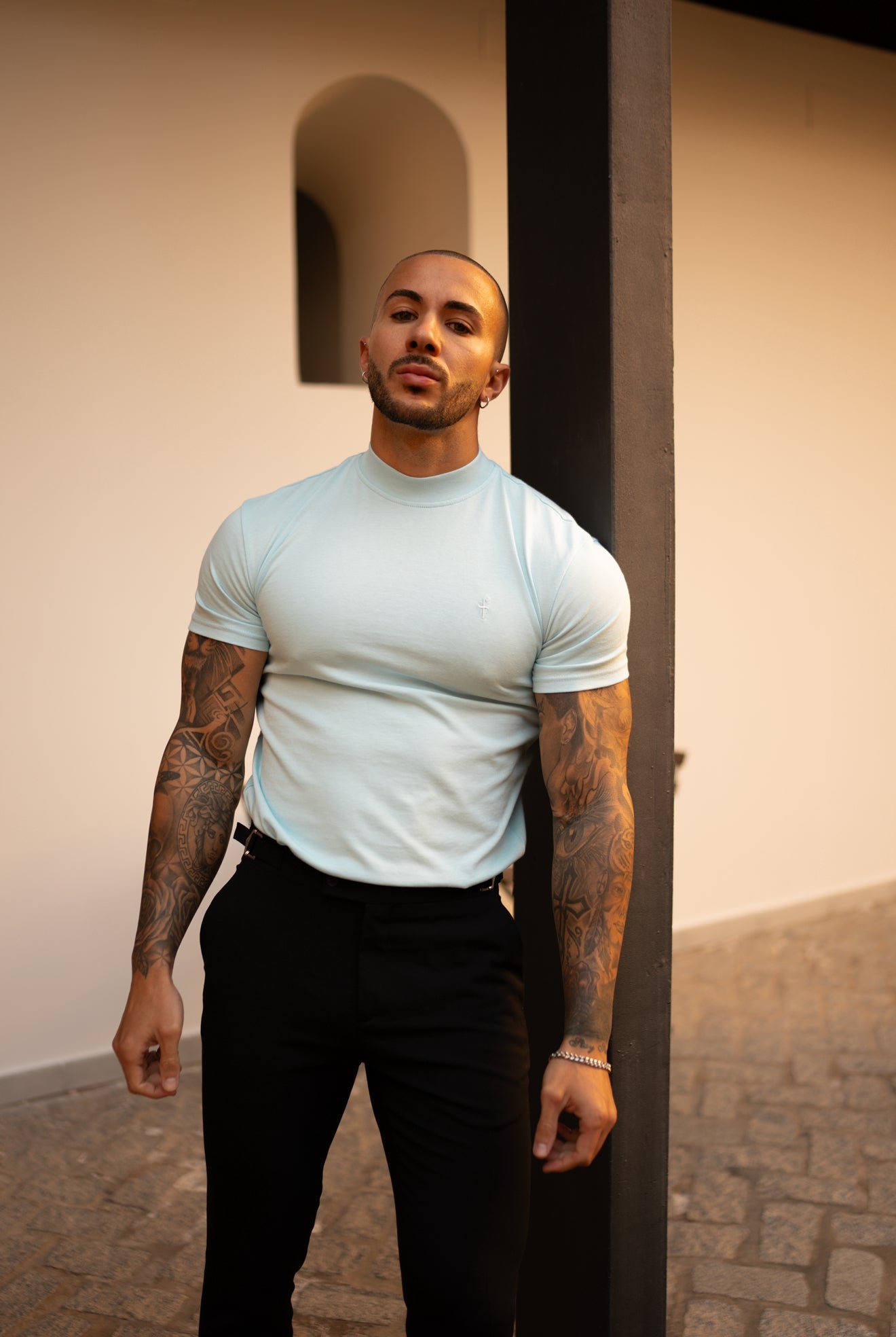 Ribbed High Neck Crew Short Sleeve Baby Blue - FSH1136