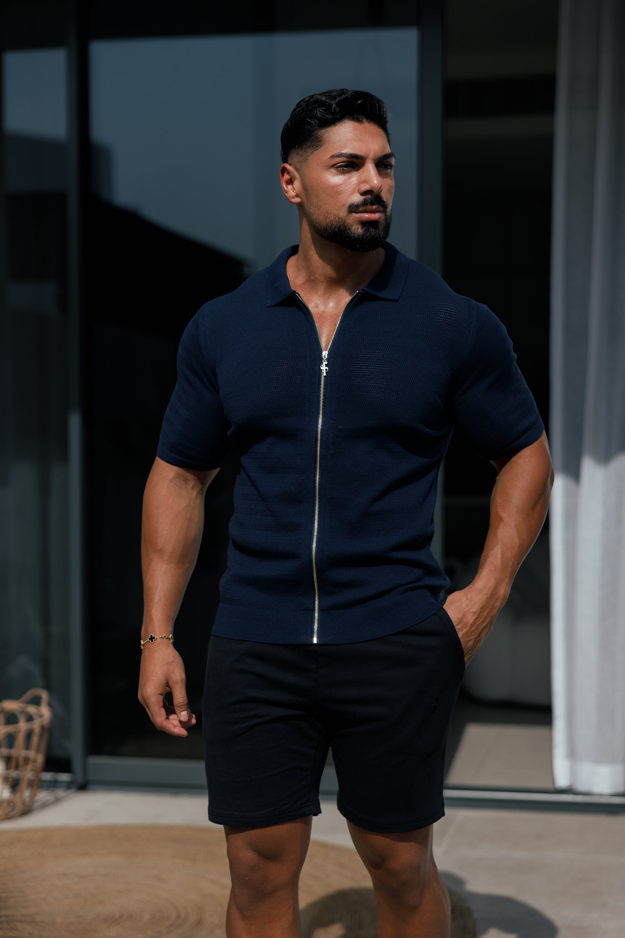 Classic Knitted Textured Design With Full Length Zip Navy Short Sleeve - FSN153