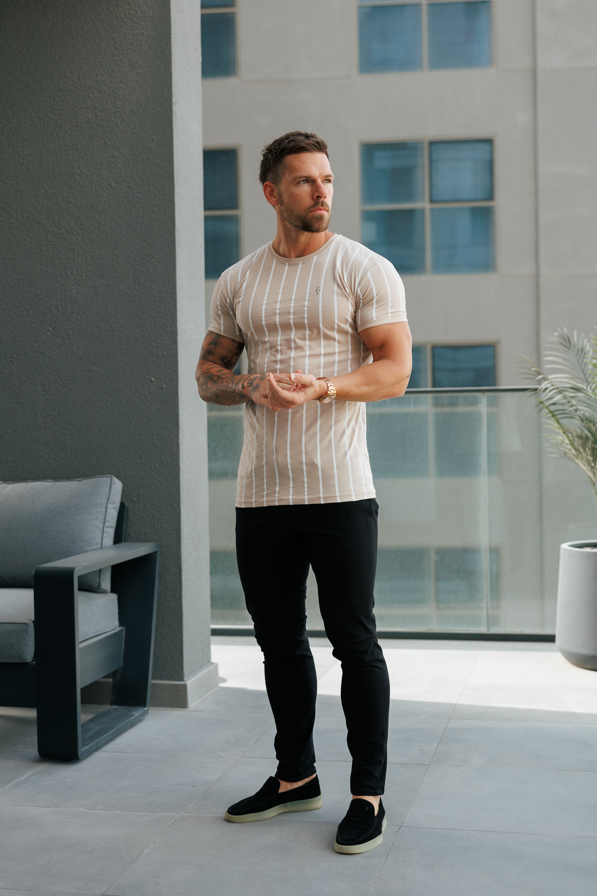 Printed Taupe / White Stripe Fitted T Shirt - FSH1170