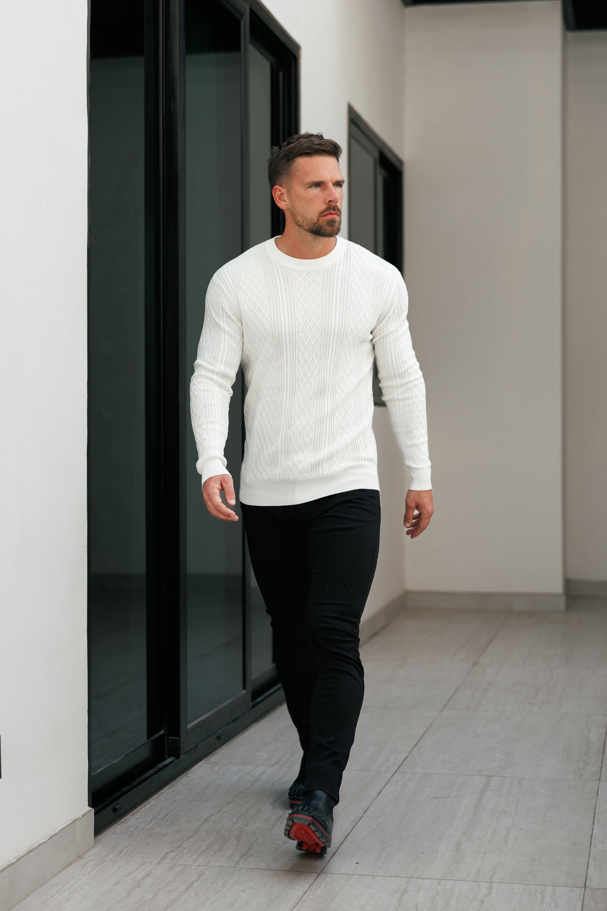 Fine Knit Diamond Off White Jumper Long Sleeve - FSA005