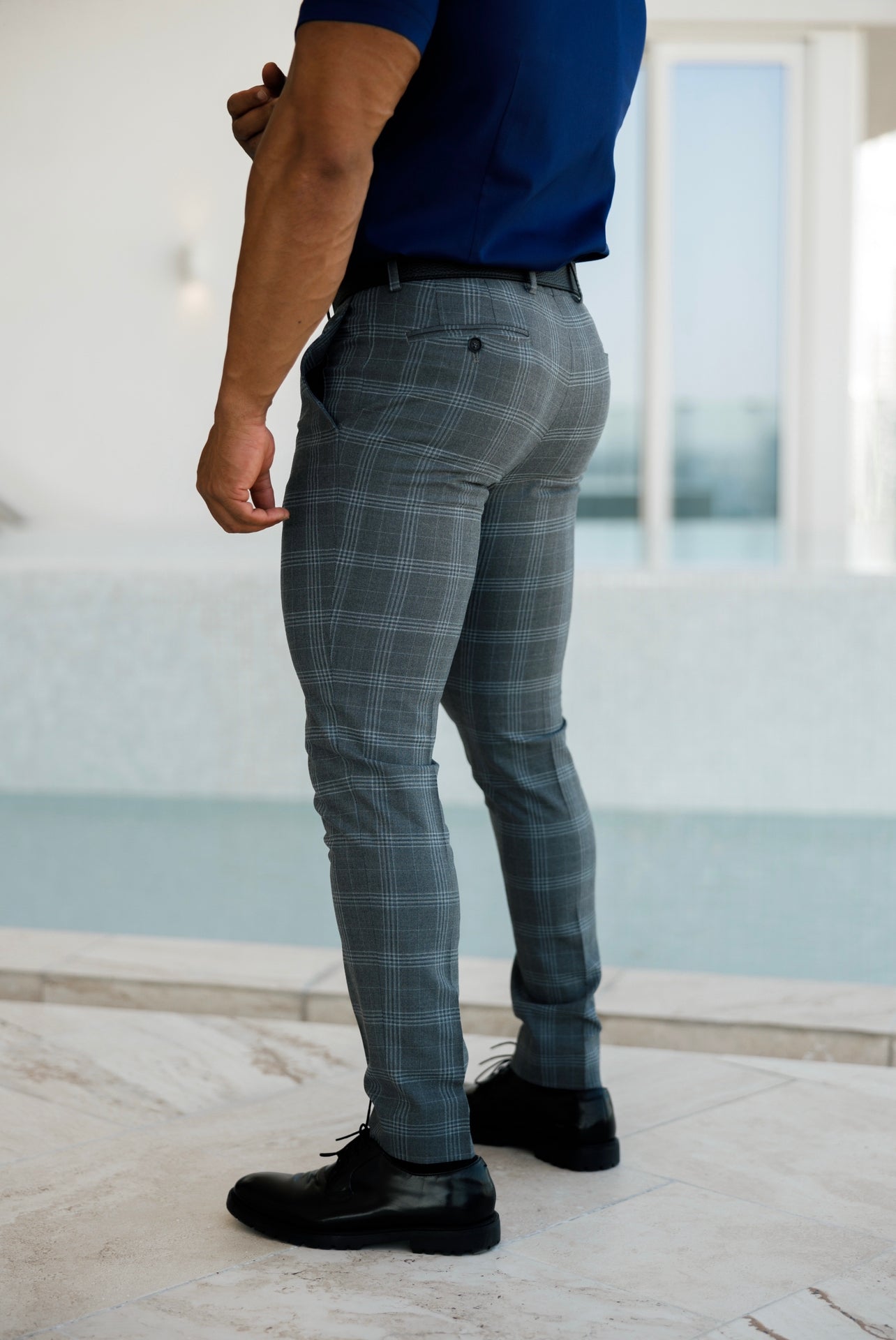 Slim Formal Large Silver Grey Check Stretch Trousers - FST005