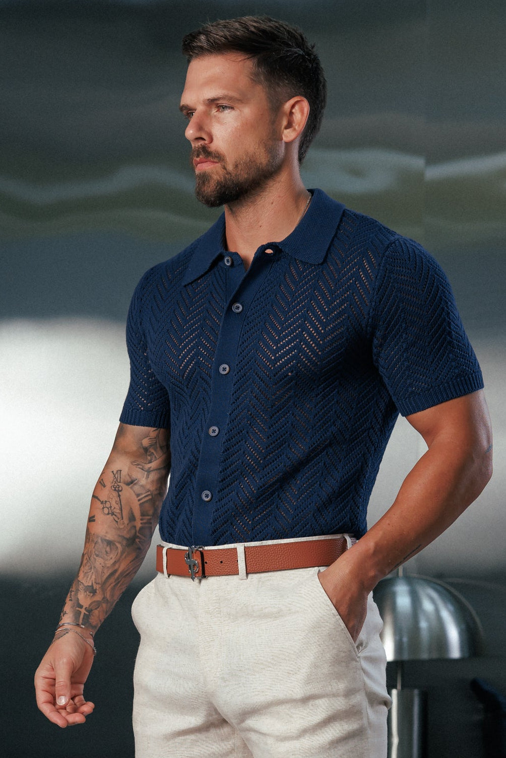 Navy Chevron Perforated Shirt Short Sleeve - FSA014