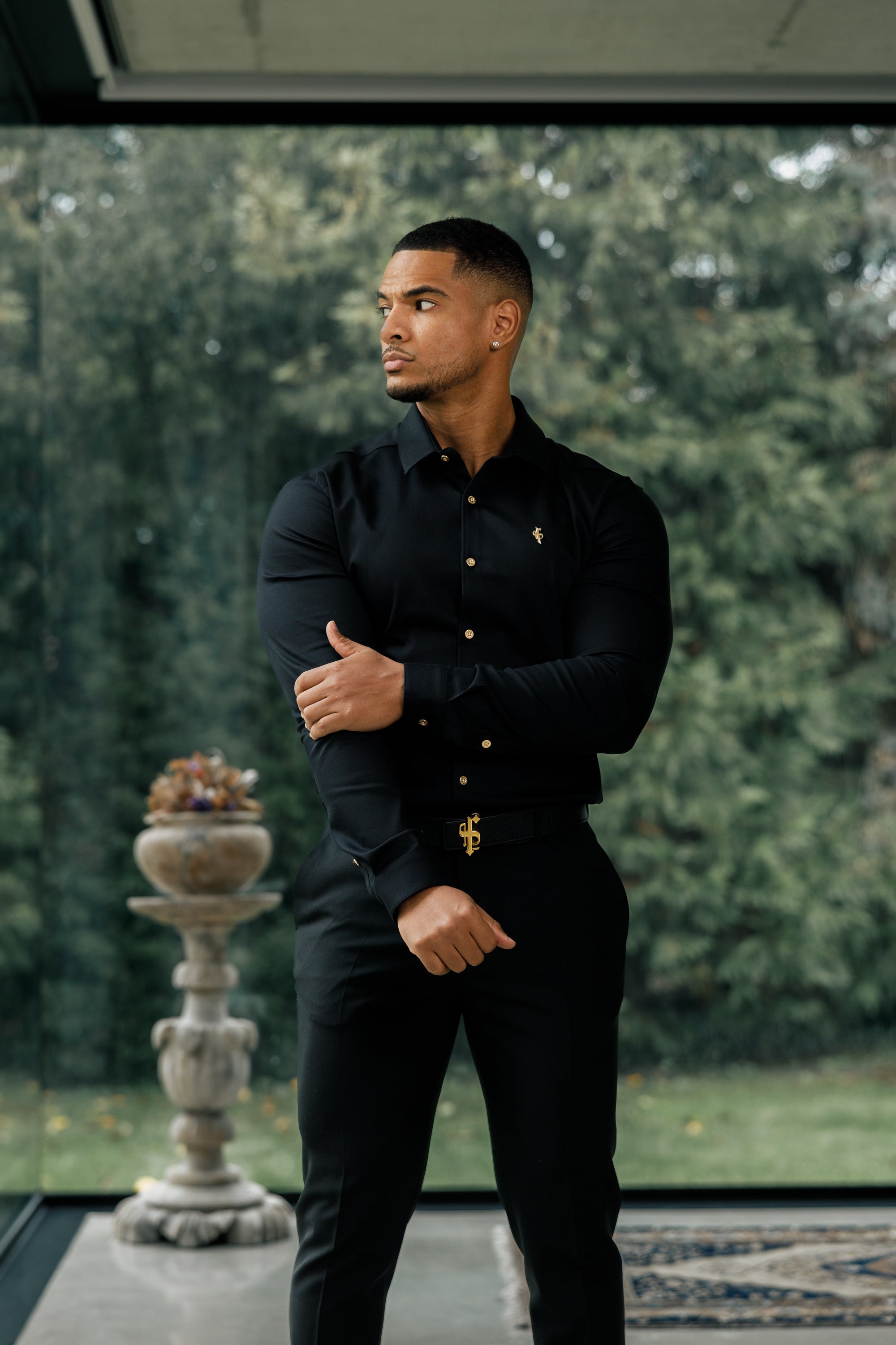 Super Slim Stretch Black Denim Long Sleeve with Gold Metal Decal and Buttons - FS923