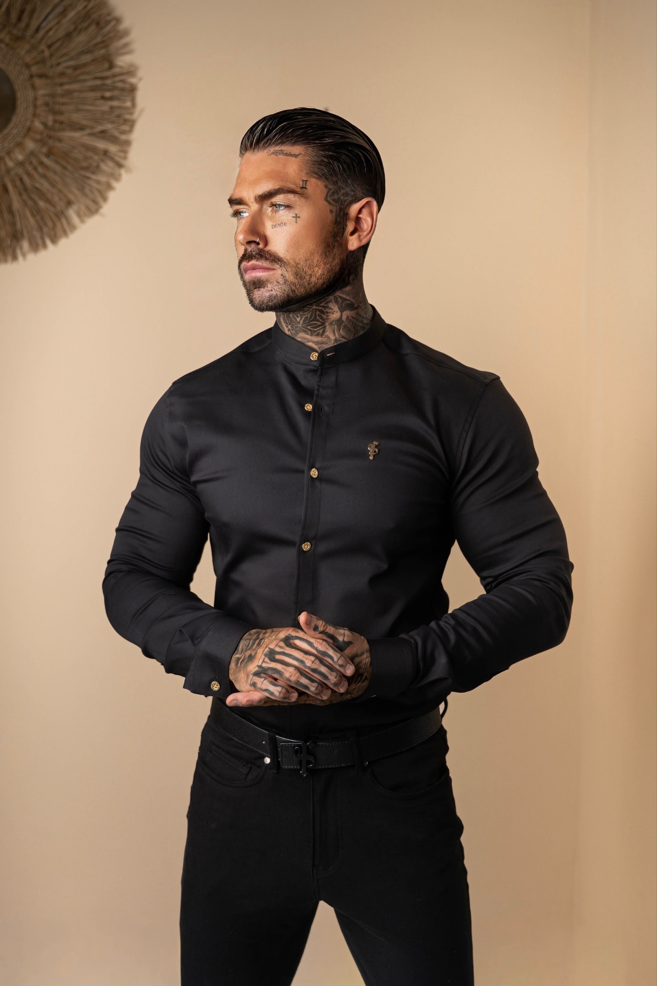 Super Slim Stretch Black Denim Long Sleeve Grandad collar with Metal Buttons and Decal Emblem - FS707