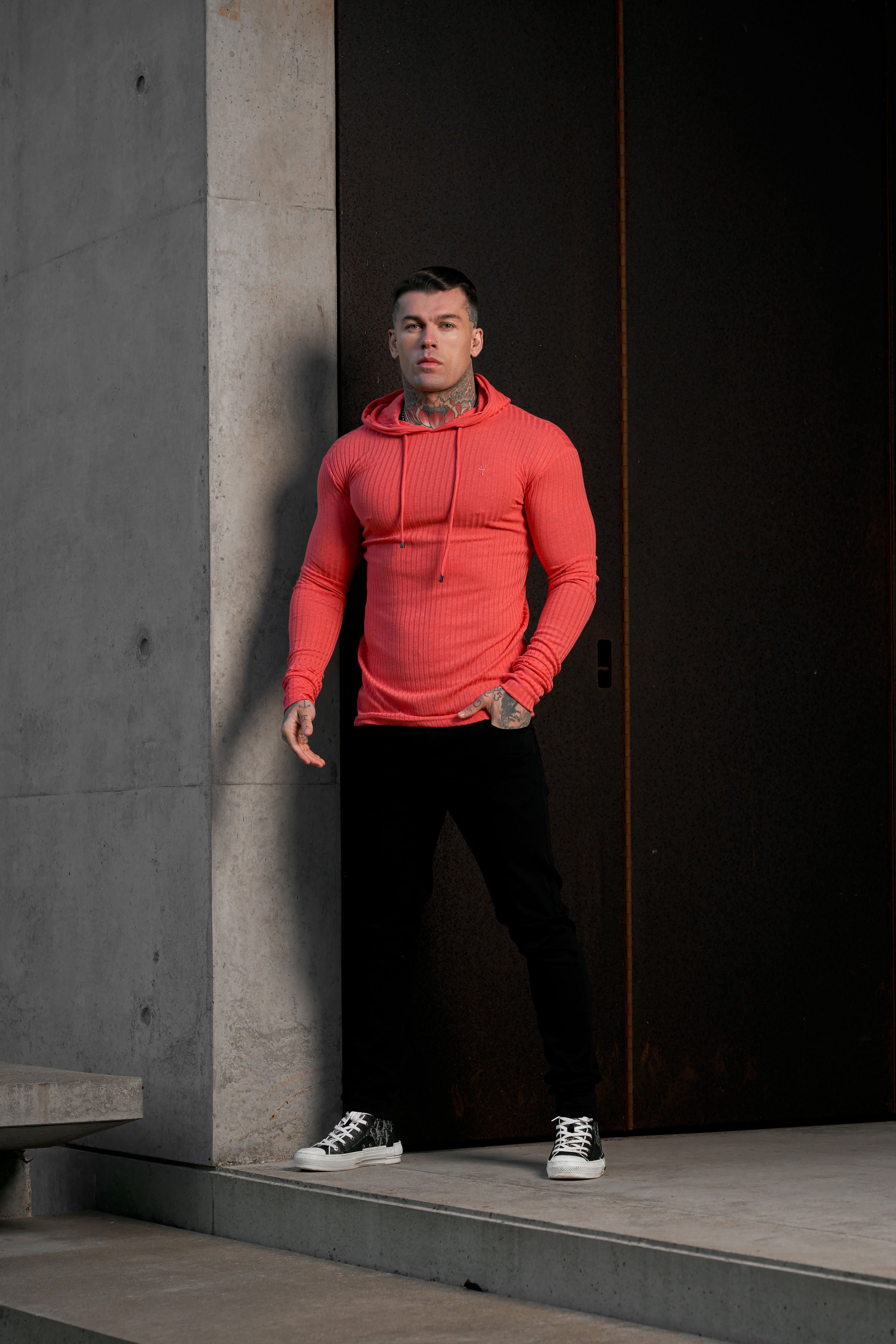 Classic Coral Ribbed Knit Hoodie Jumper - FSH909