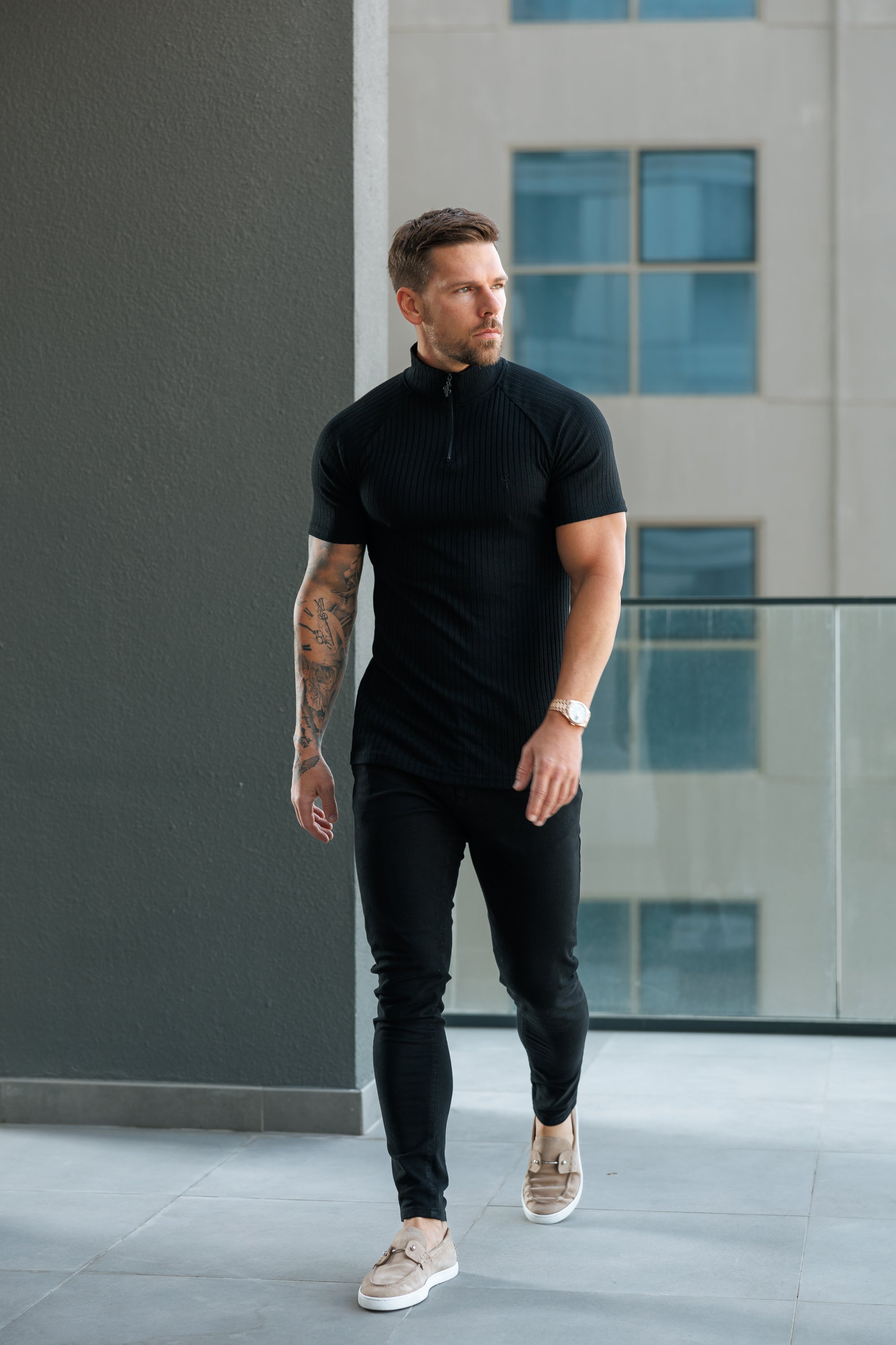Classic Black Ribbed Zip Funnel Neck Raglan Short Sleeve Crew - FSH729