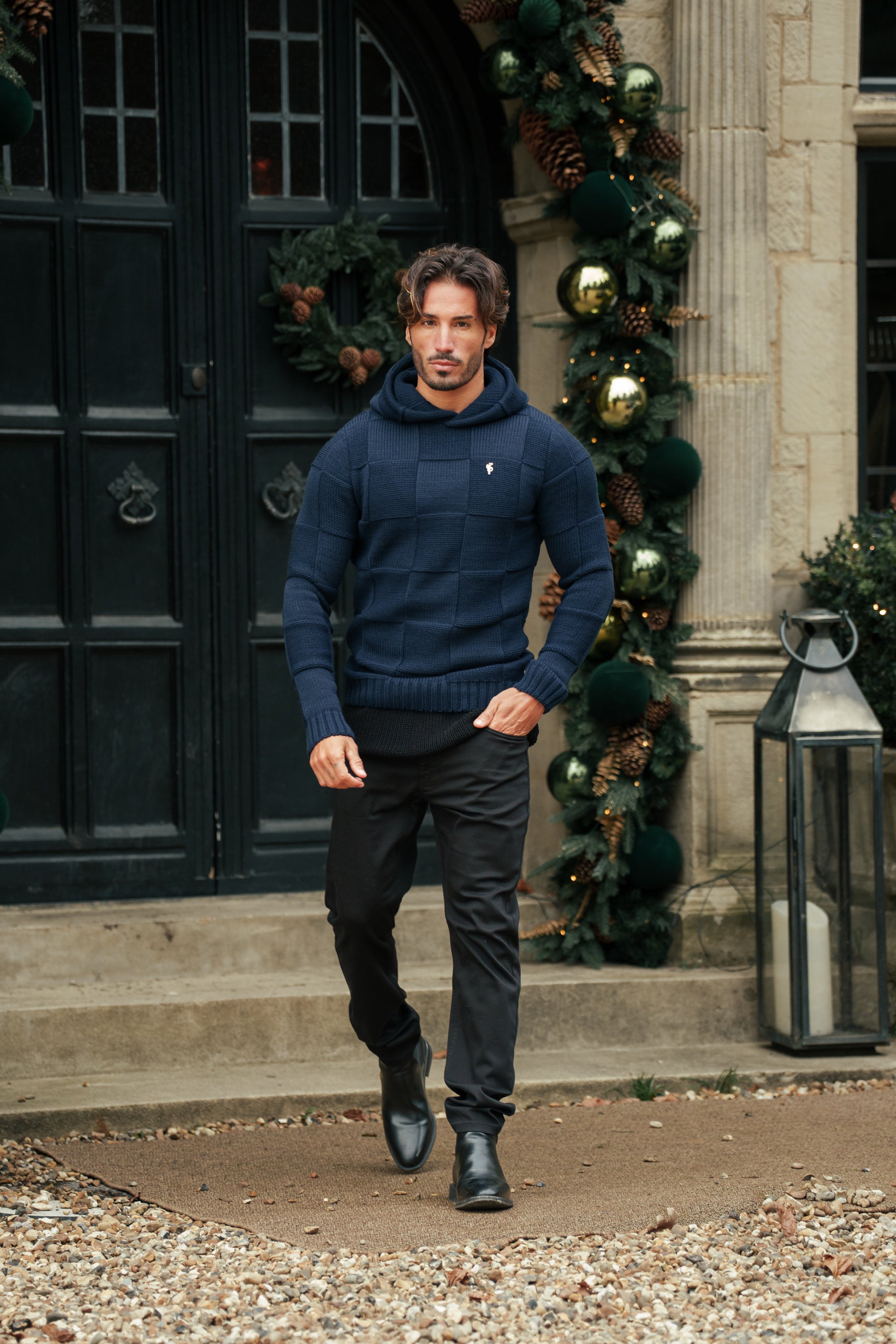 Navy Checkerboard Knitted Hoodie - FSJ138