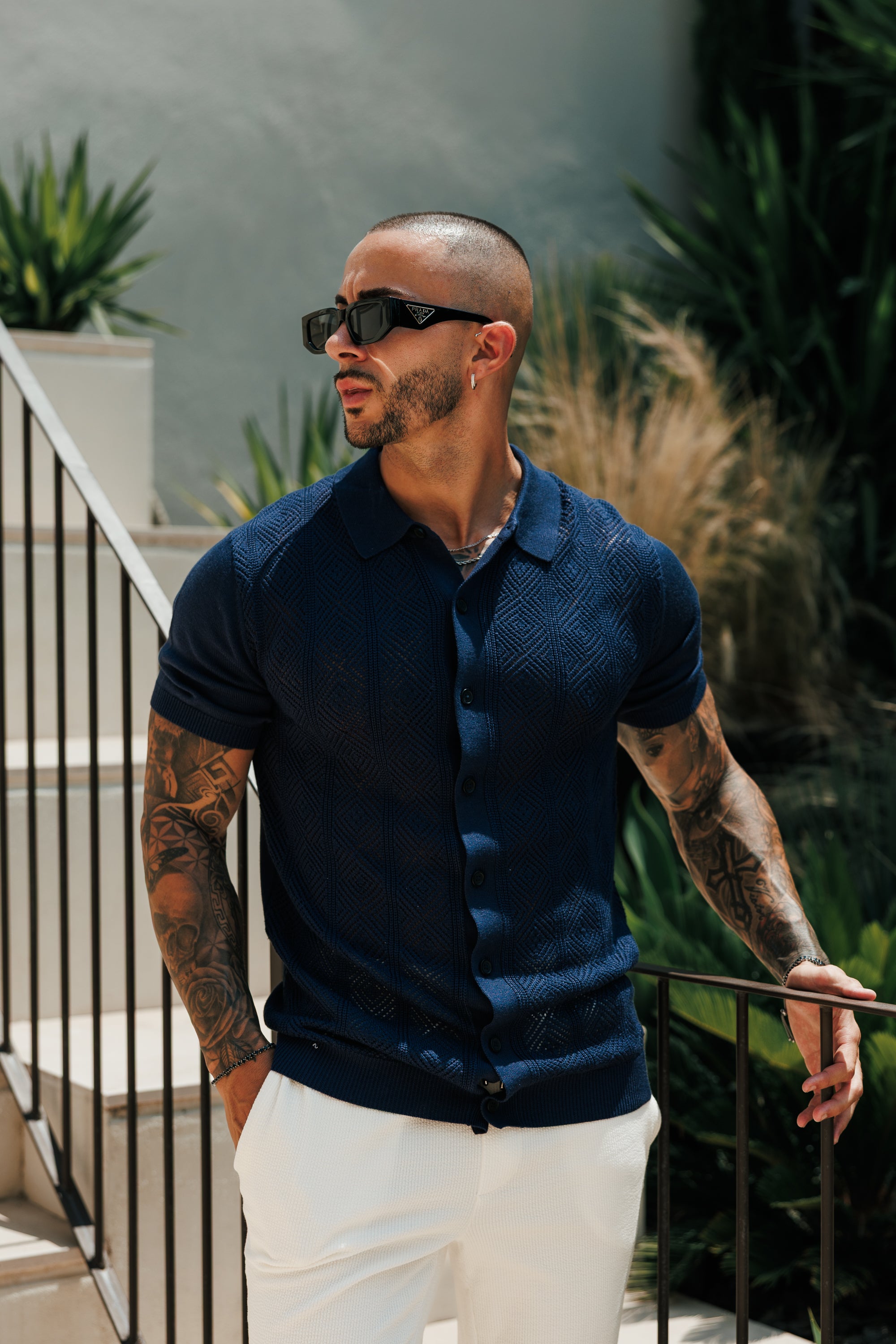 Navy Diamond Stripe Perforated Shirt Short Sleeve - FSA023 (PRE ORDER 31ST AUGUST)