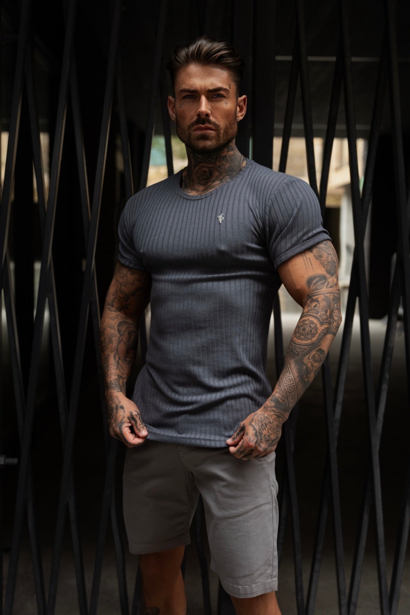 Classic Charcoal / Silver Ribbed Knit Super Slim Short Sleeve Crew - FSH1084