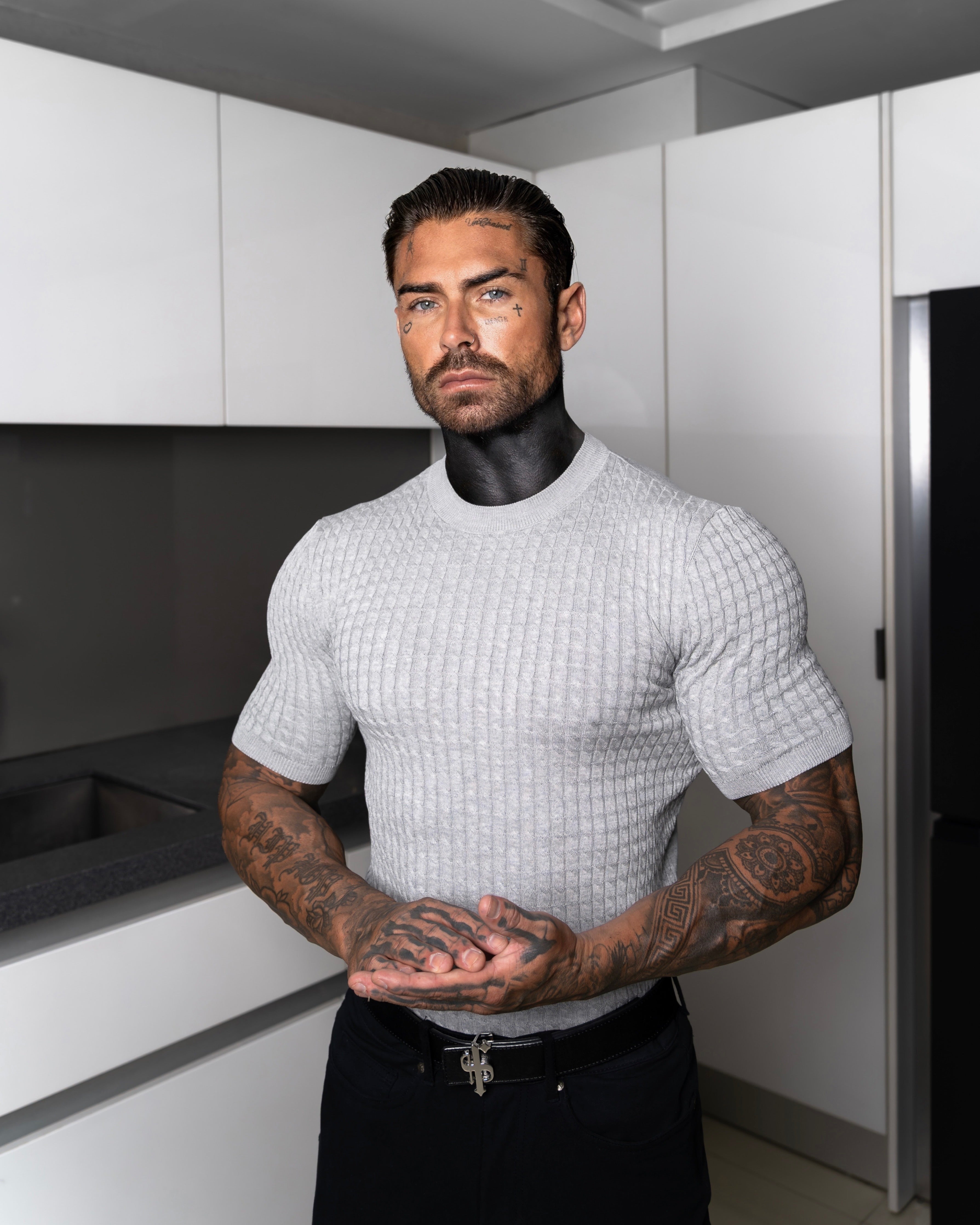 Front Chain Knit Crew Tshirt Silver Grey Short Sleeve - FSR056