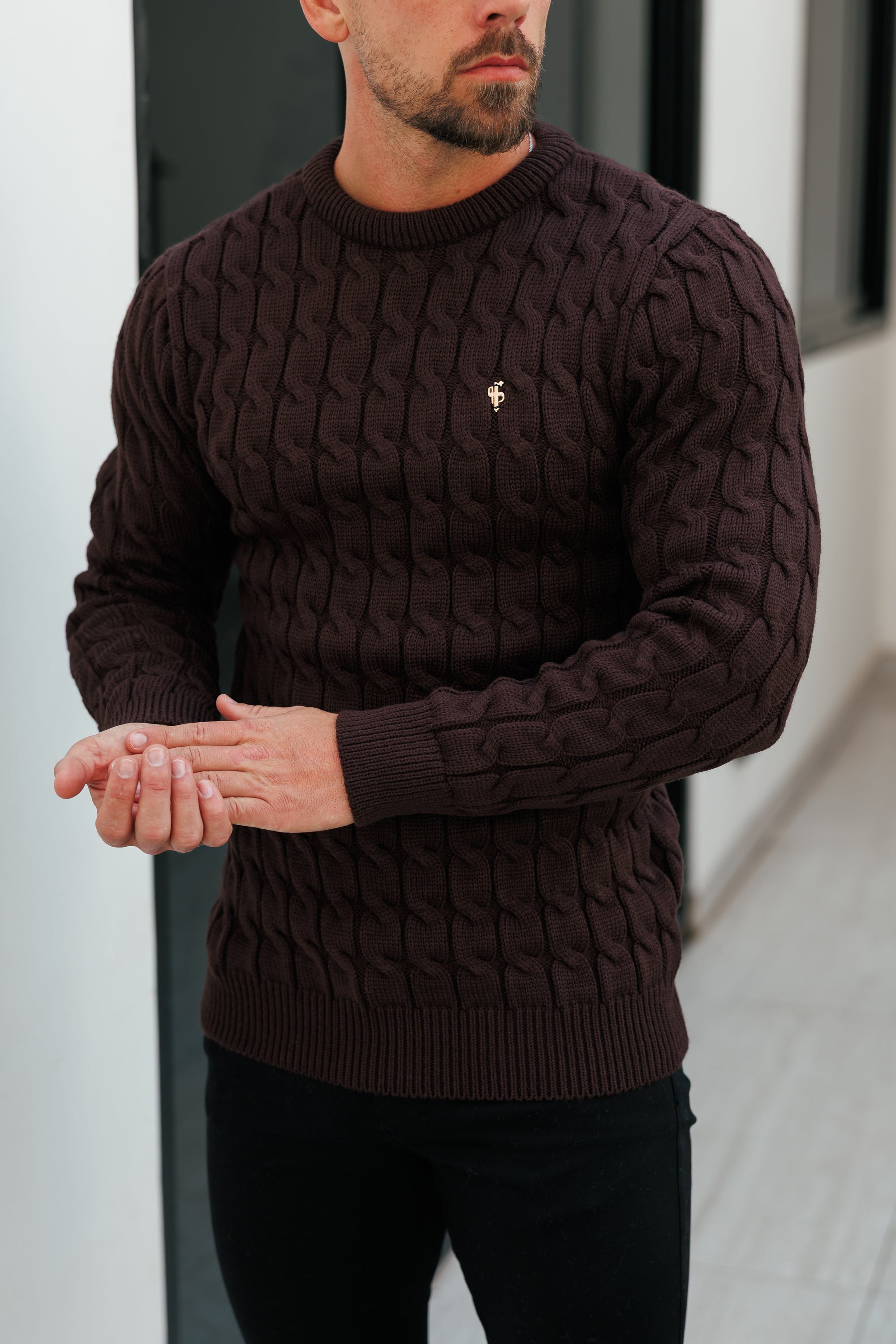 Link Weave Knit Brown Crew Neck Jumper - FSJ141