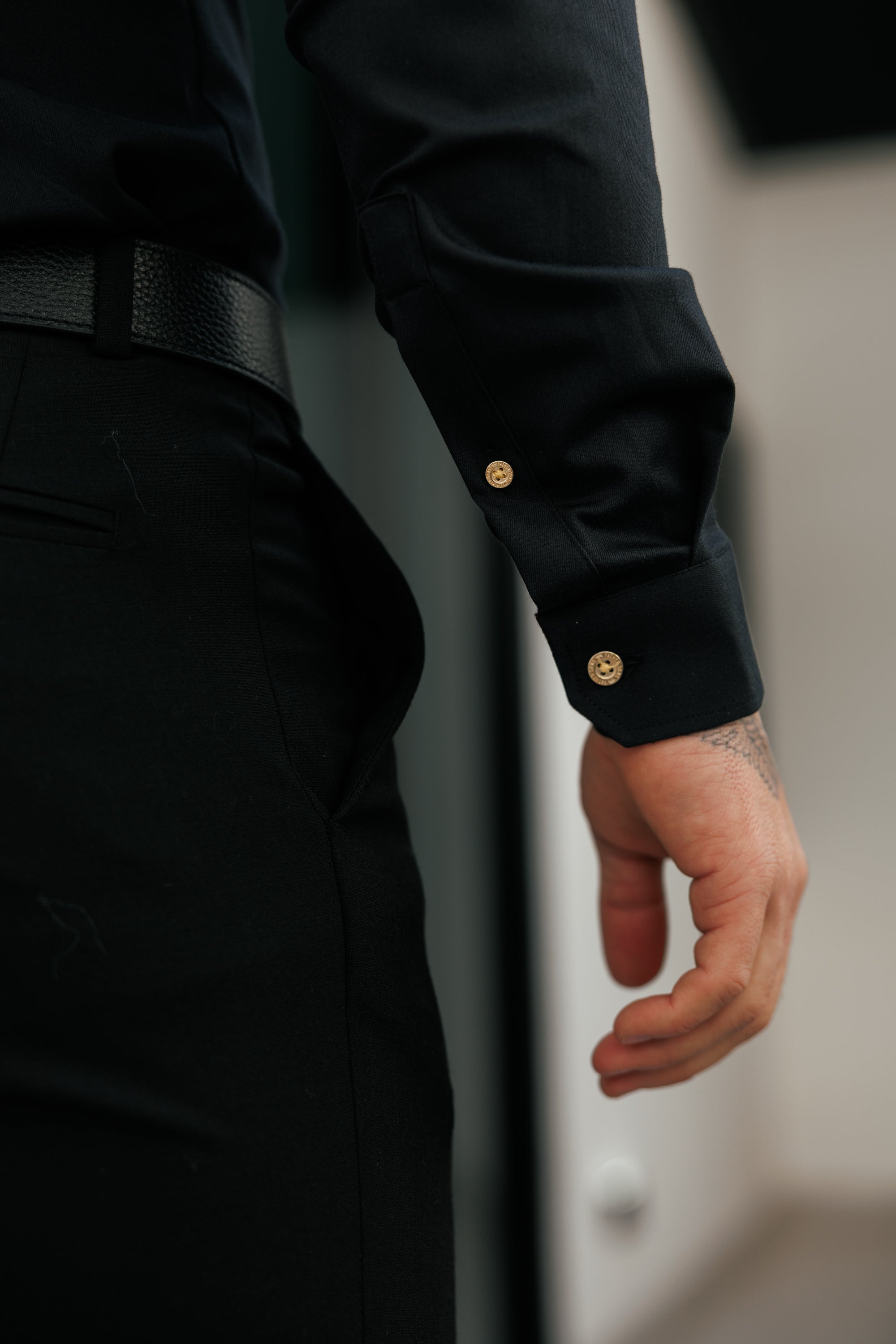 Super Slim Stretch Black Denim Long Sleeve with Gold Metal Decal and Buttons - FS923