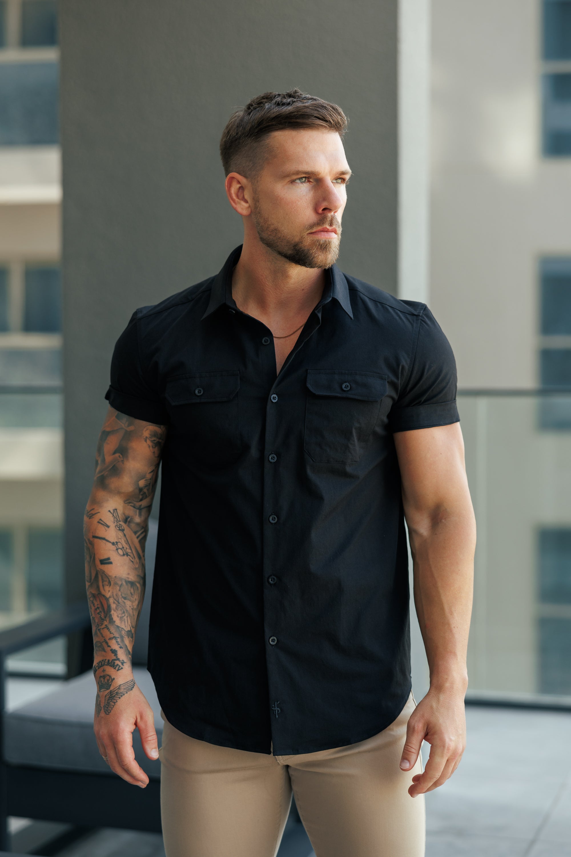 Boxy Stretch Black Short Sleeve With 2 Chest Pockets ad Flaps- FS1097
