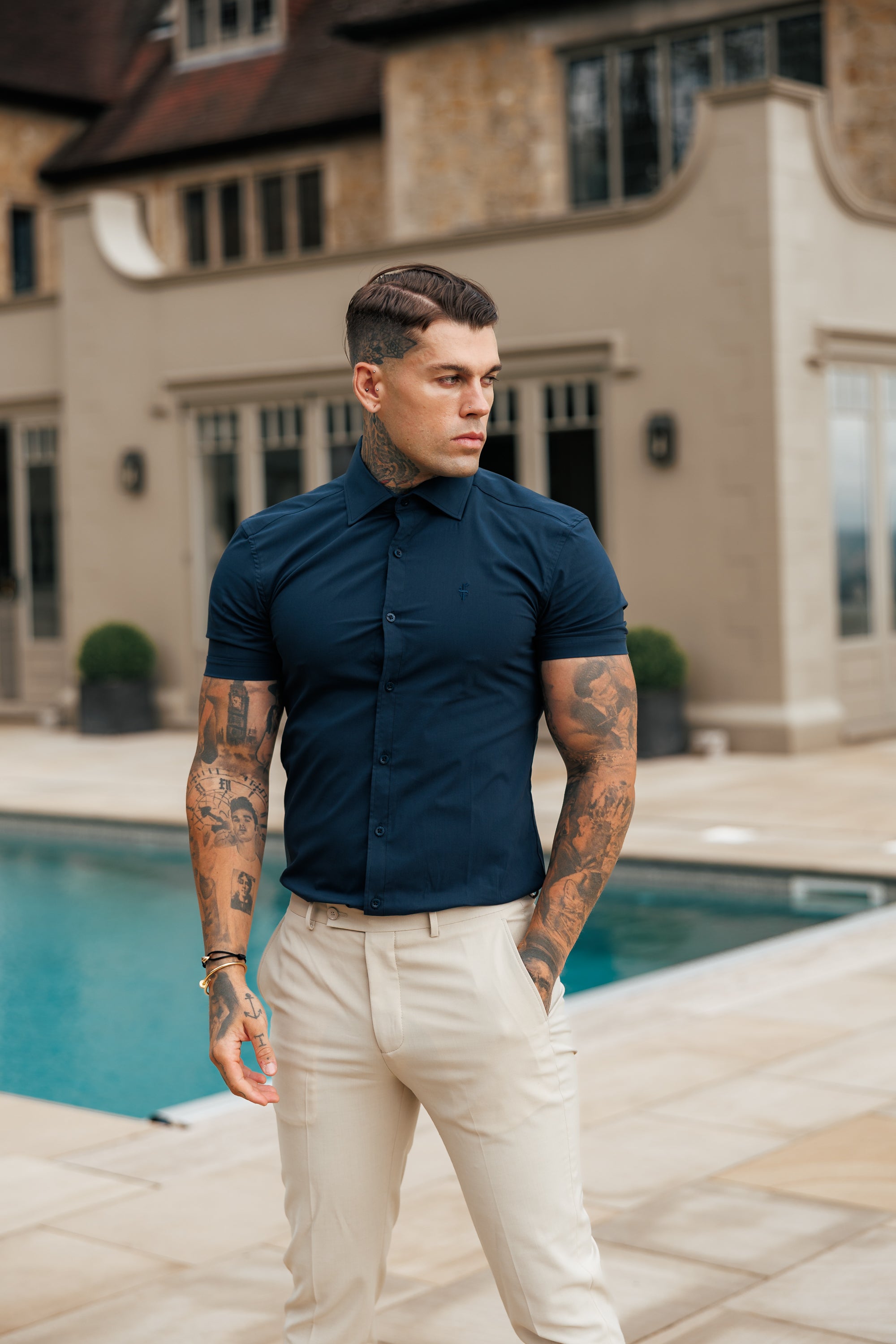 Muscle Fit Advanced Stretch Navy Short Sleeve with Cutaway Collar - FS1163