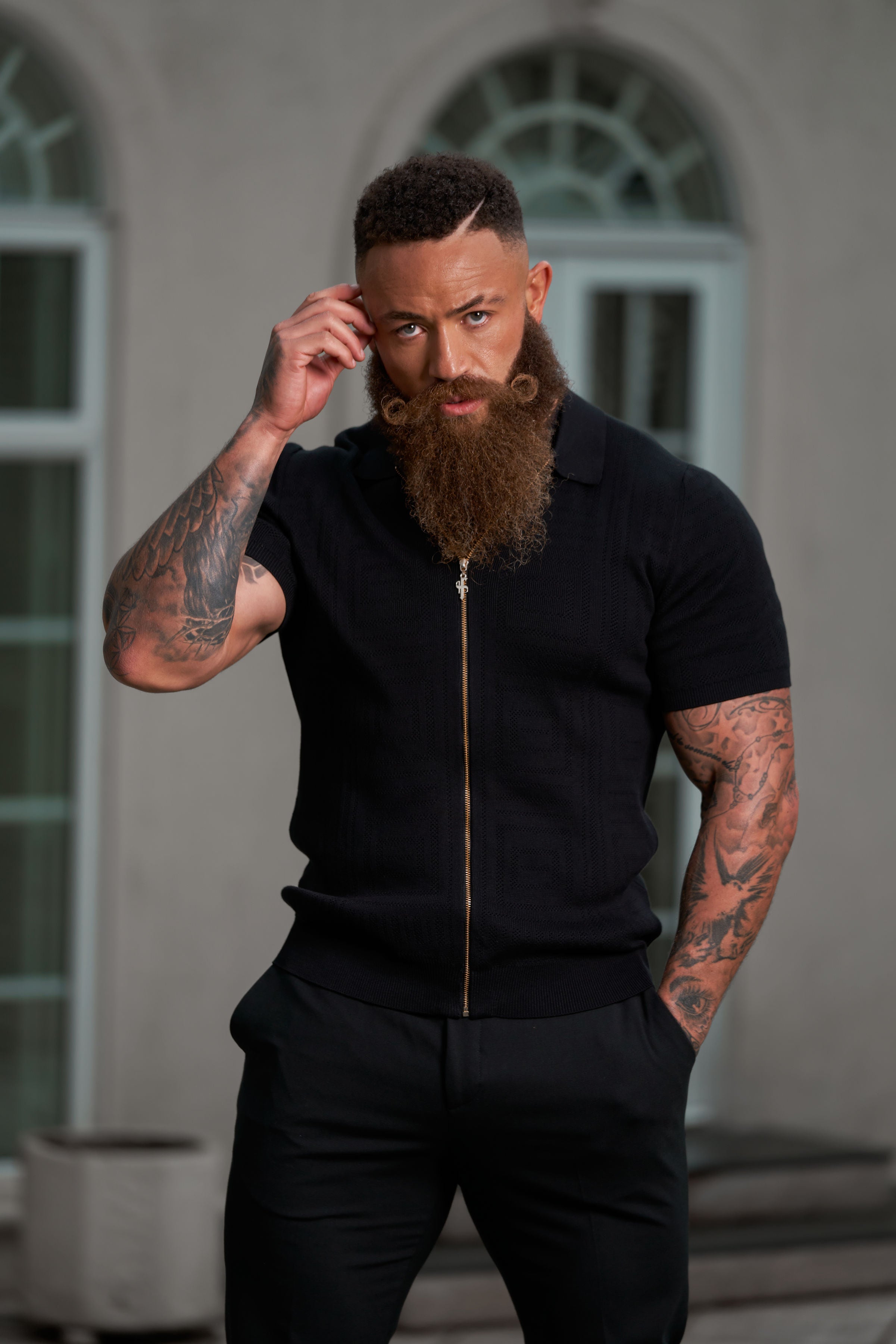 Classic Knitted Geo Design With Full Length Zip Black Short Sleeve - FSN147
