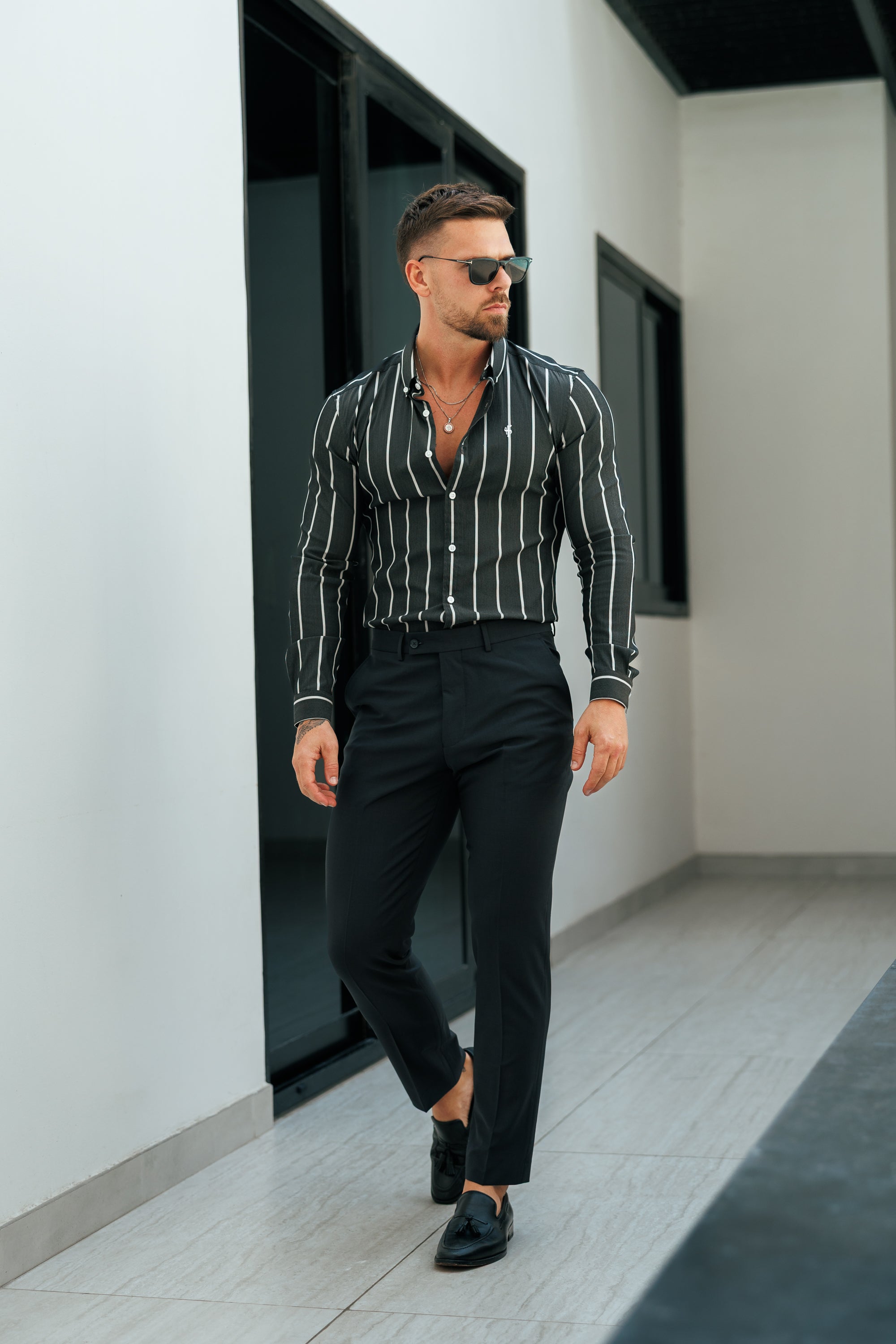 Super Slim Stretch Charcoal / White Printed Wide Stripe Long Sleeve with Button Down Collar - FS1224