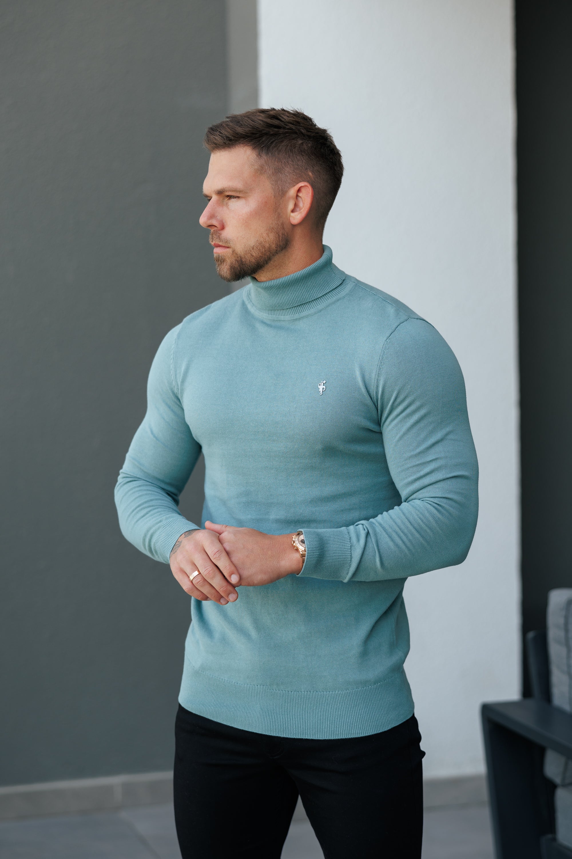 Teal Roll Neck Knitted Jumper With FS Branding - FSN205