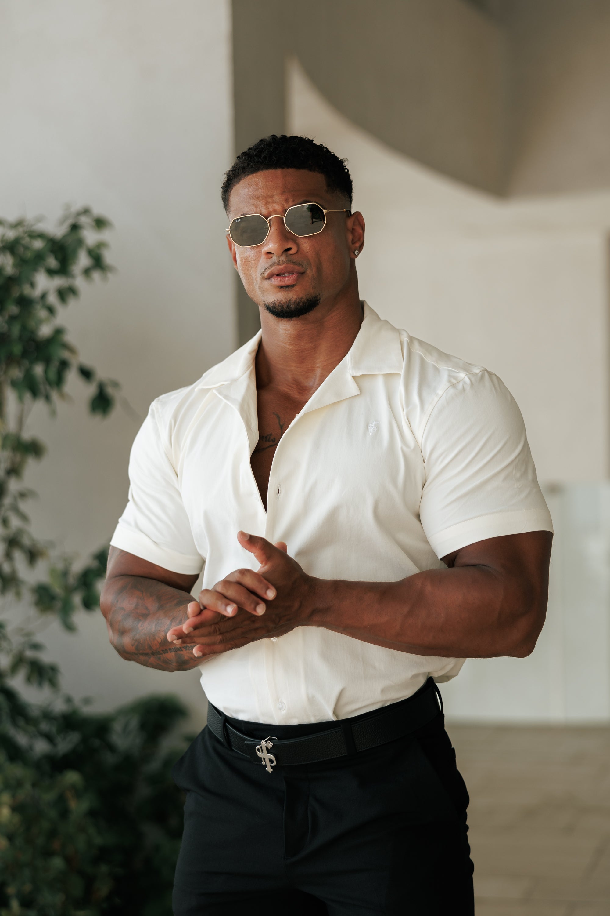 Hawaiian Boxy Stretch Cream Short Sleeve with Revere Collar - FS1094
