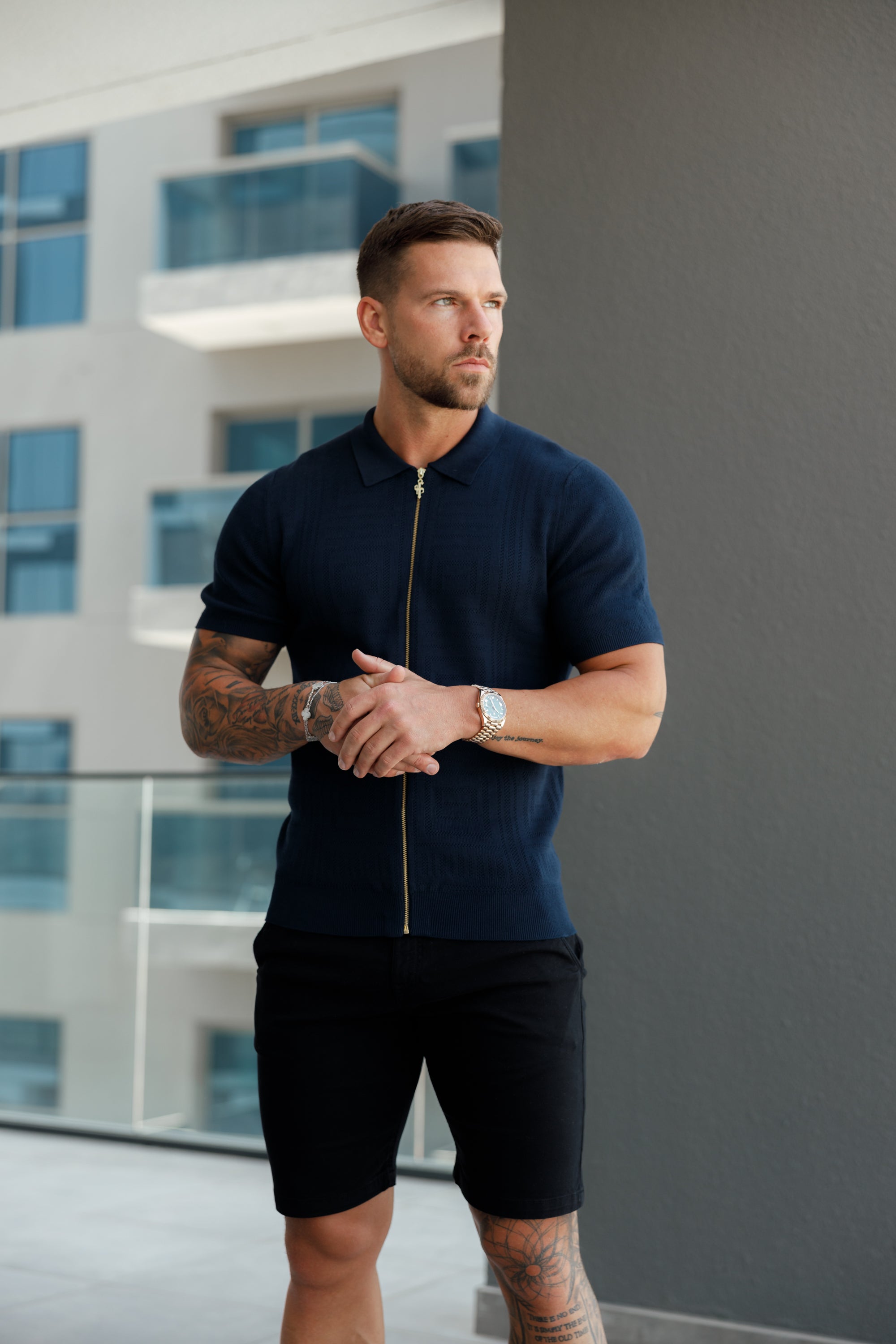 Classic Knitted Geo Design With Full Length Zip Navy Short Sleeve - FSN149