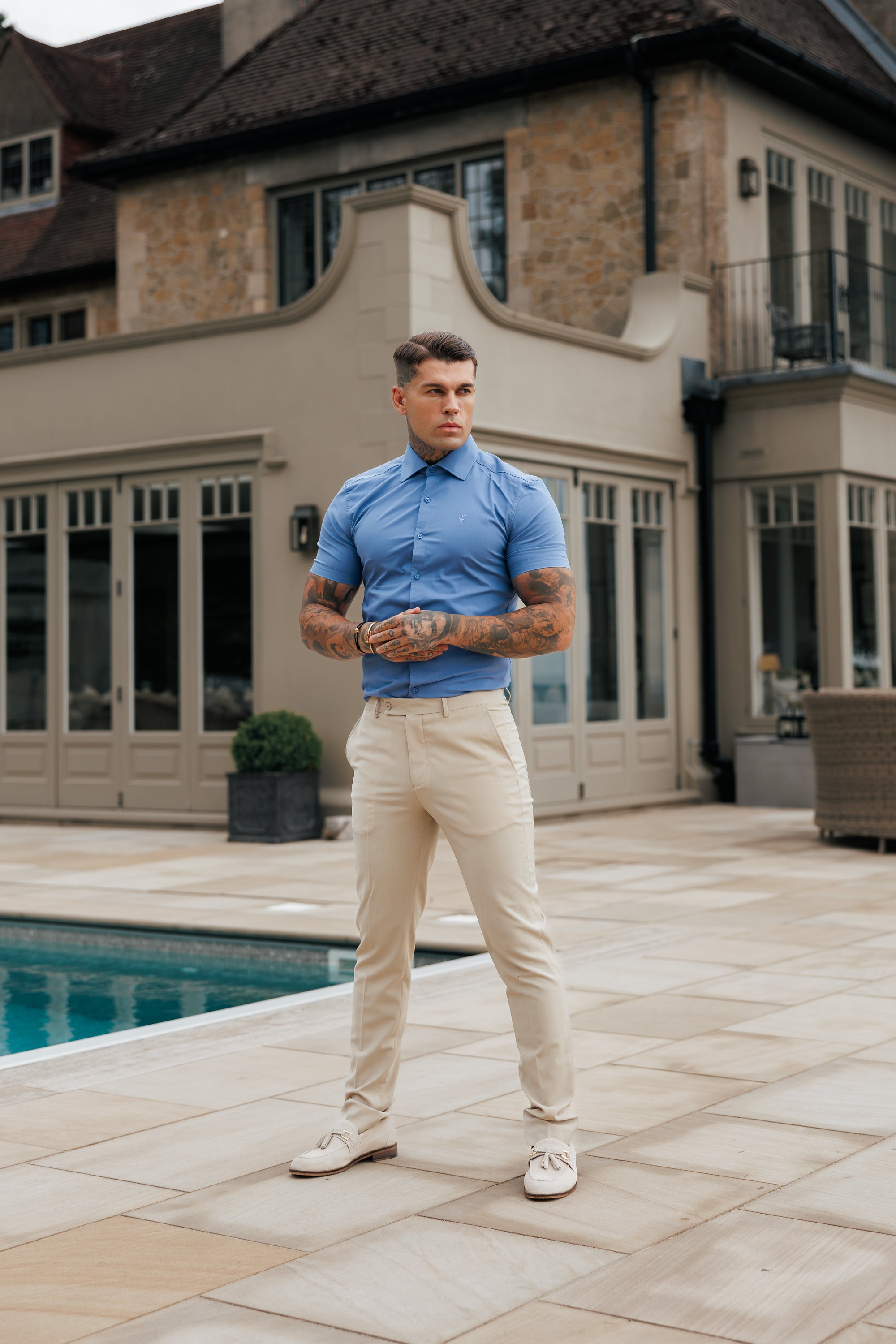 Muscle Fit Advanced Stretch Mid Blue Short Sleeve with Cutaway Collar - FS1203