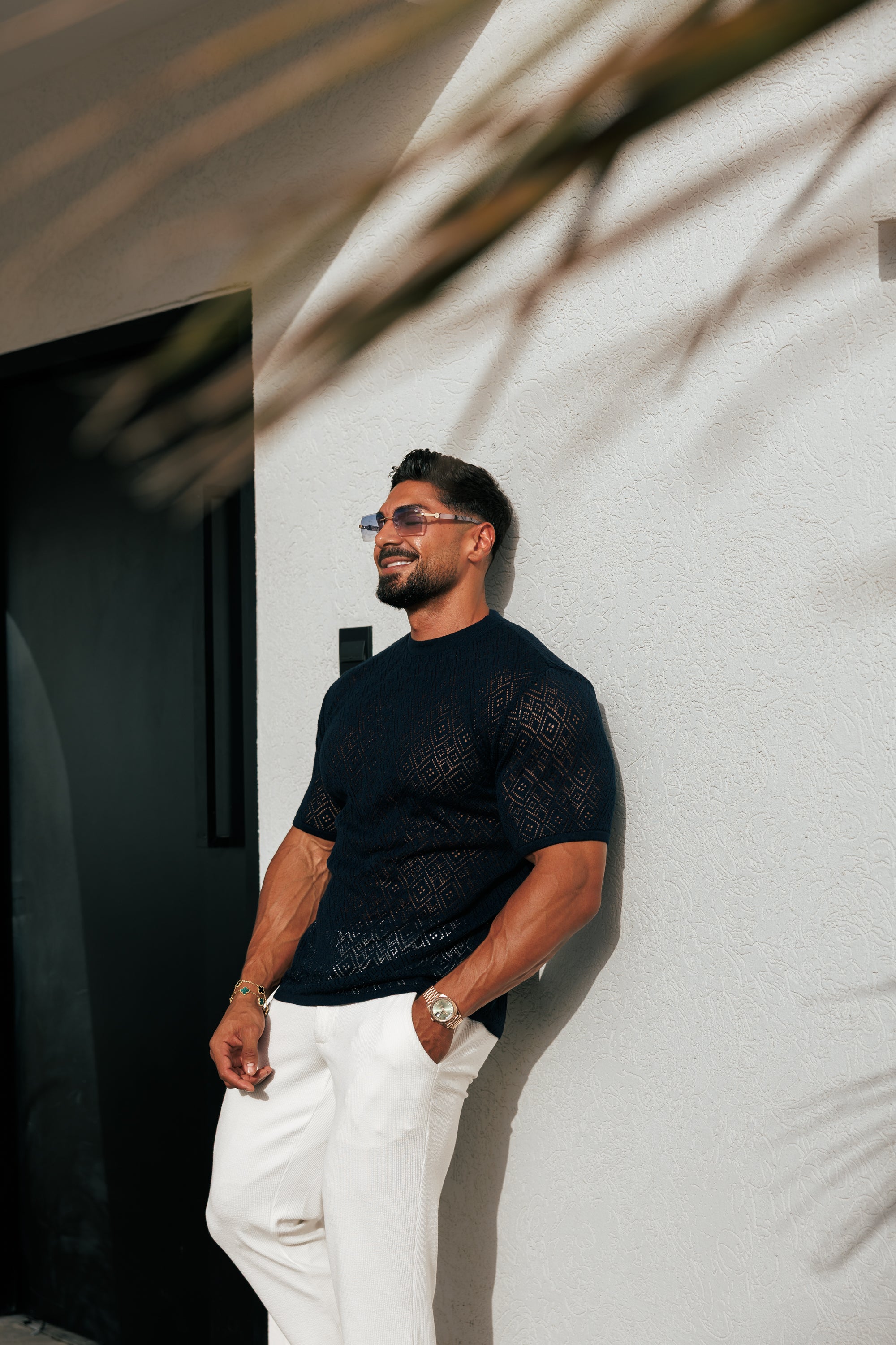 Crochet Crew T-Shirt Navy Short Sleeve - FSJ090