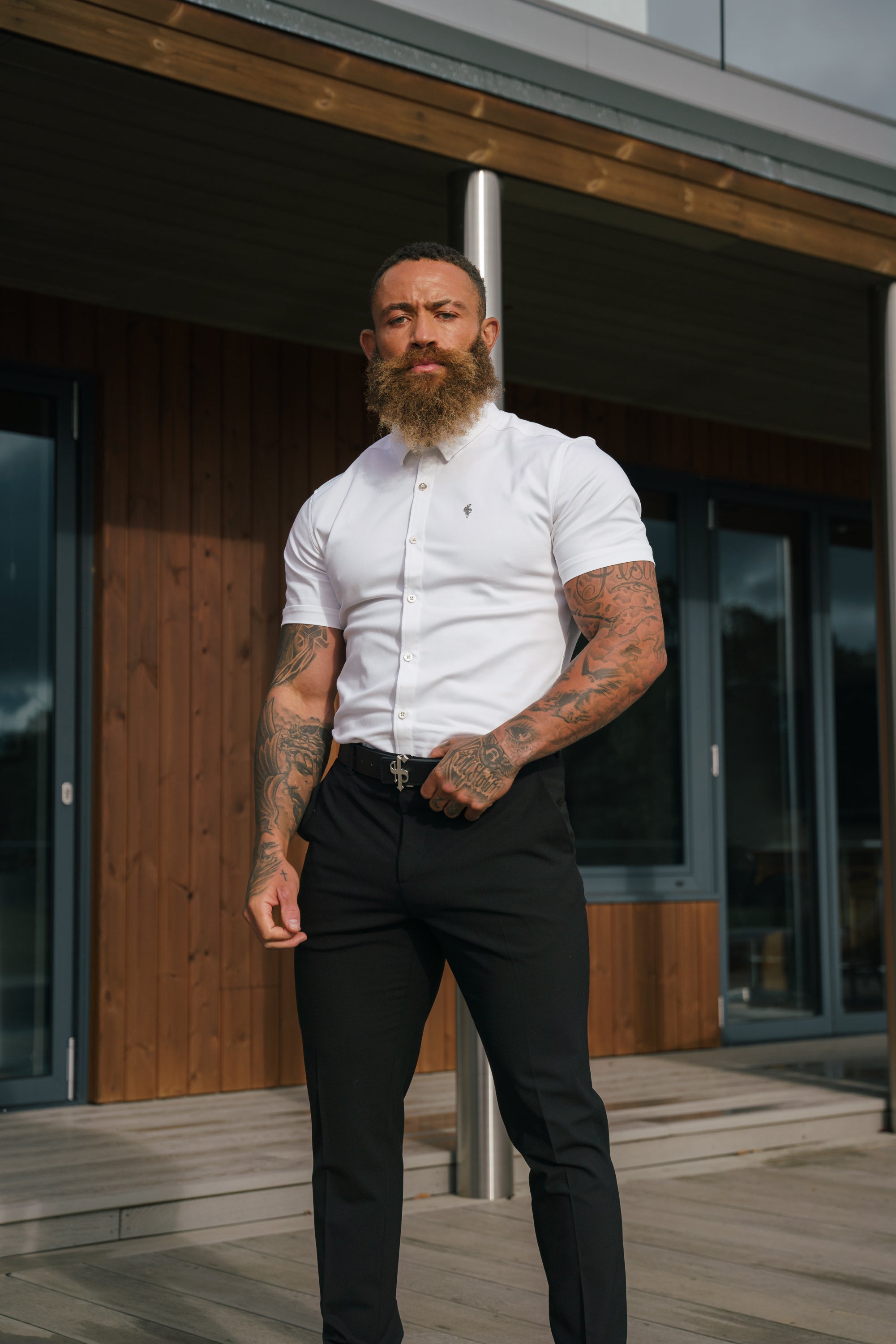 Super Slim Stretch White Denim Short Sleeve with Silver Metal Decal and Buttons - FS1112