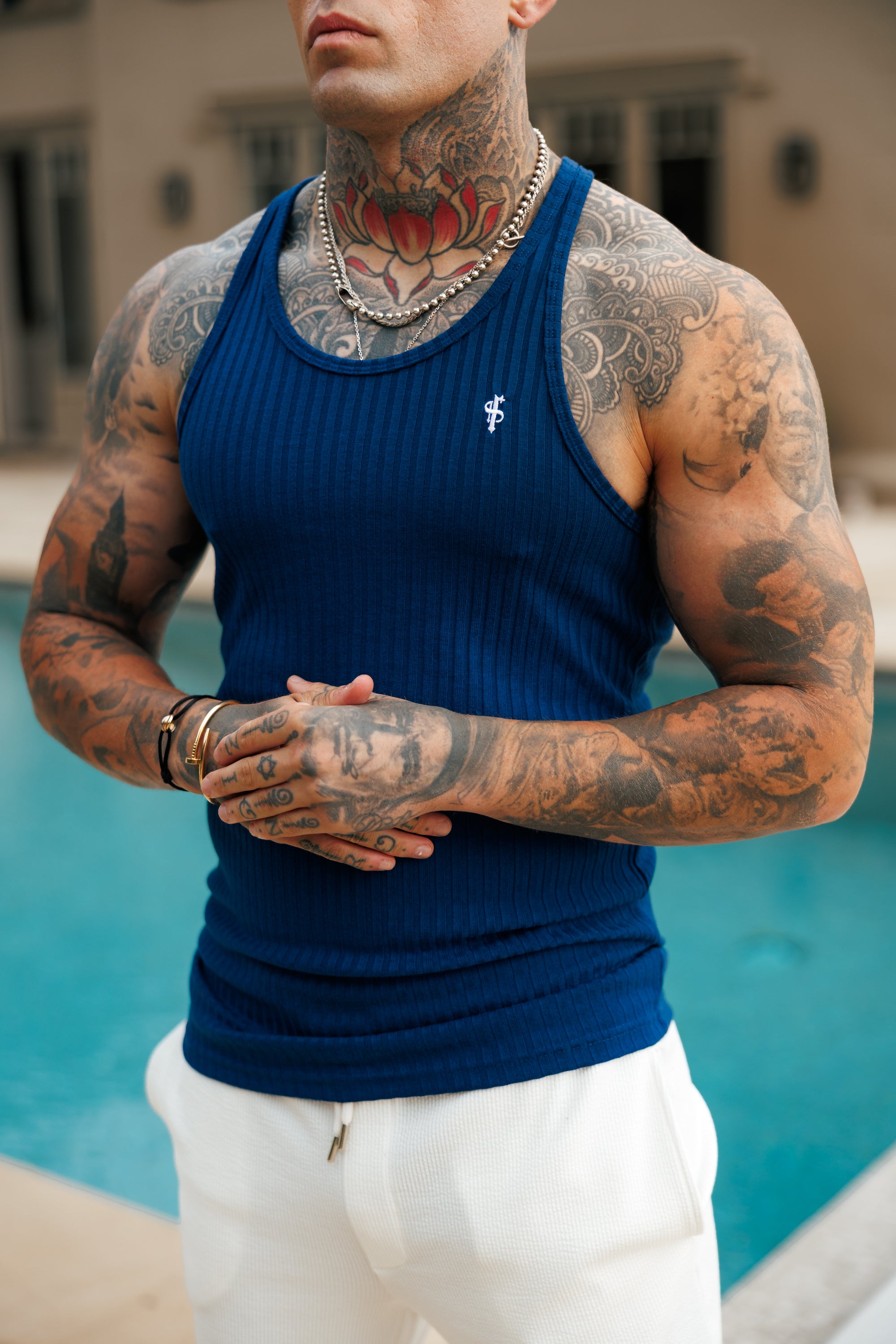 New Navy / White Ribbed Knit Super Slim Vest - FSH1328