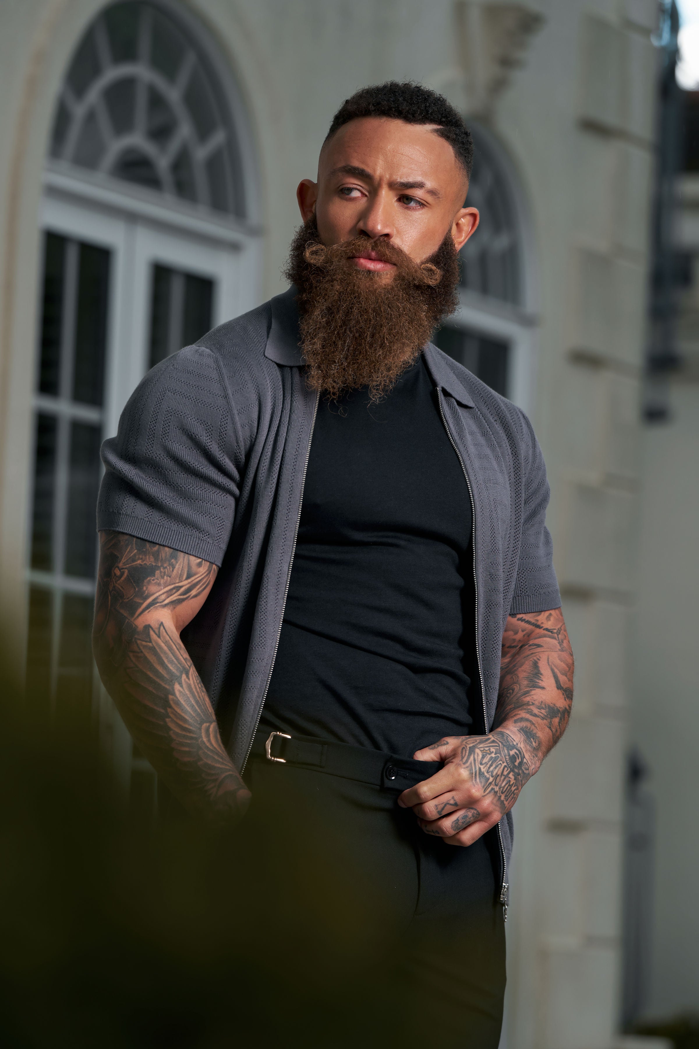 Classic Knitted Geo Design With Full Length Zip Gunmetal Short Sleeve - FSN150