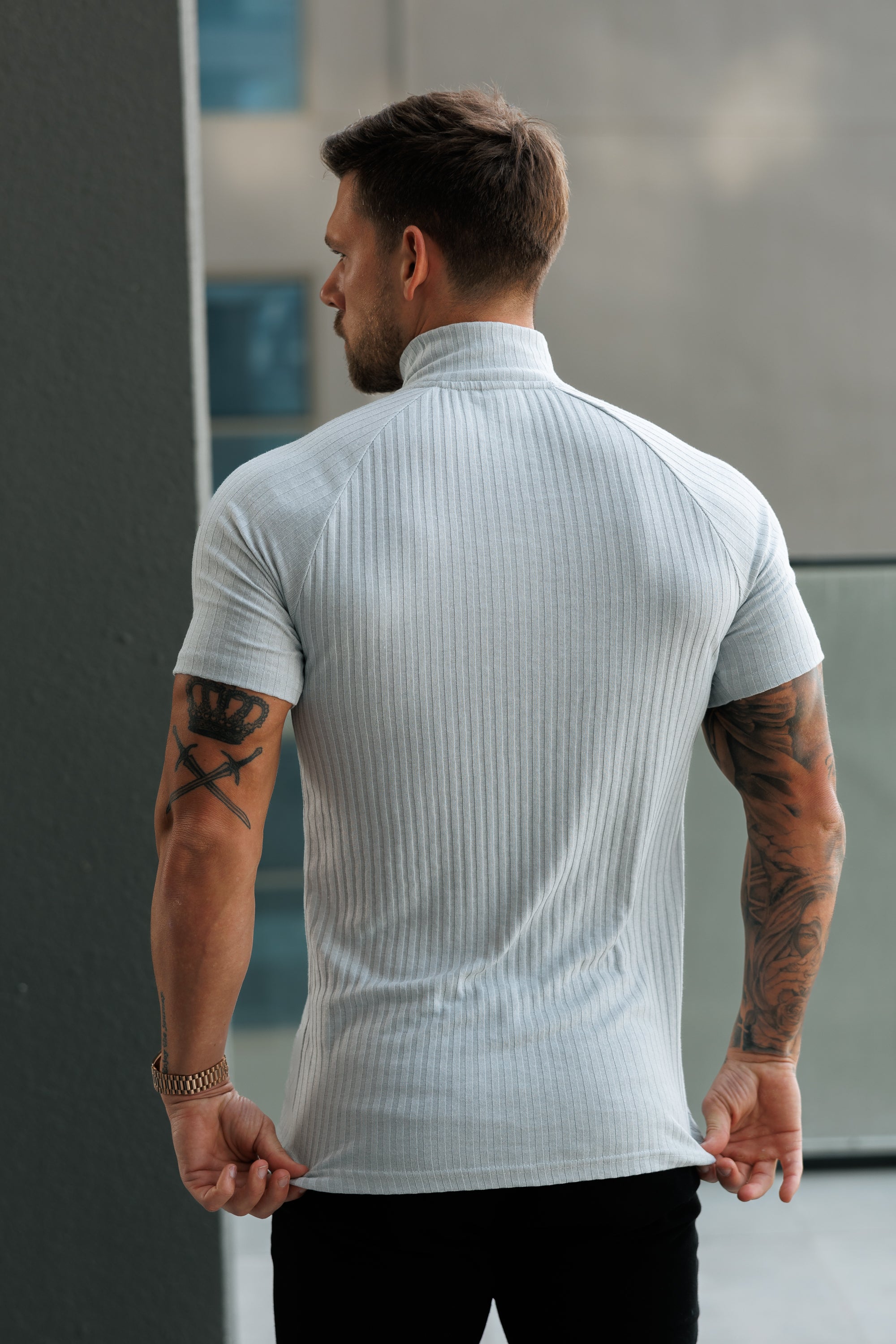 Classic Light Grey Ribbed Zip Funnel Neck Raglan Short Sleeve Crew - FSH1287