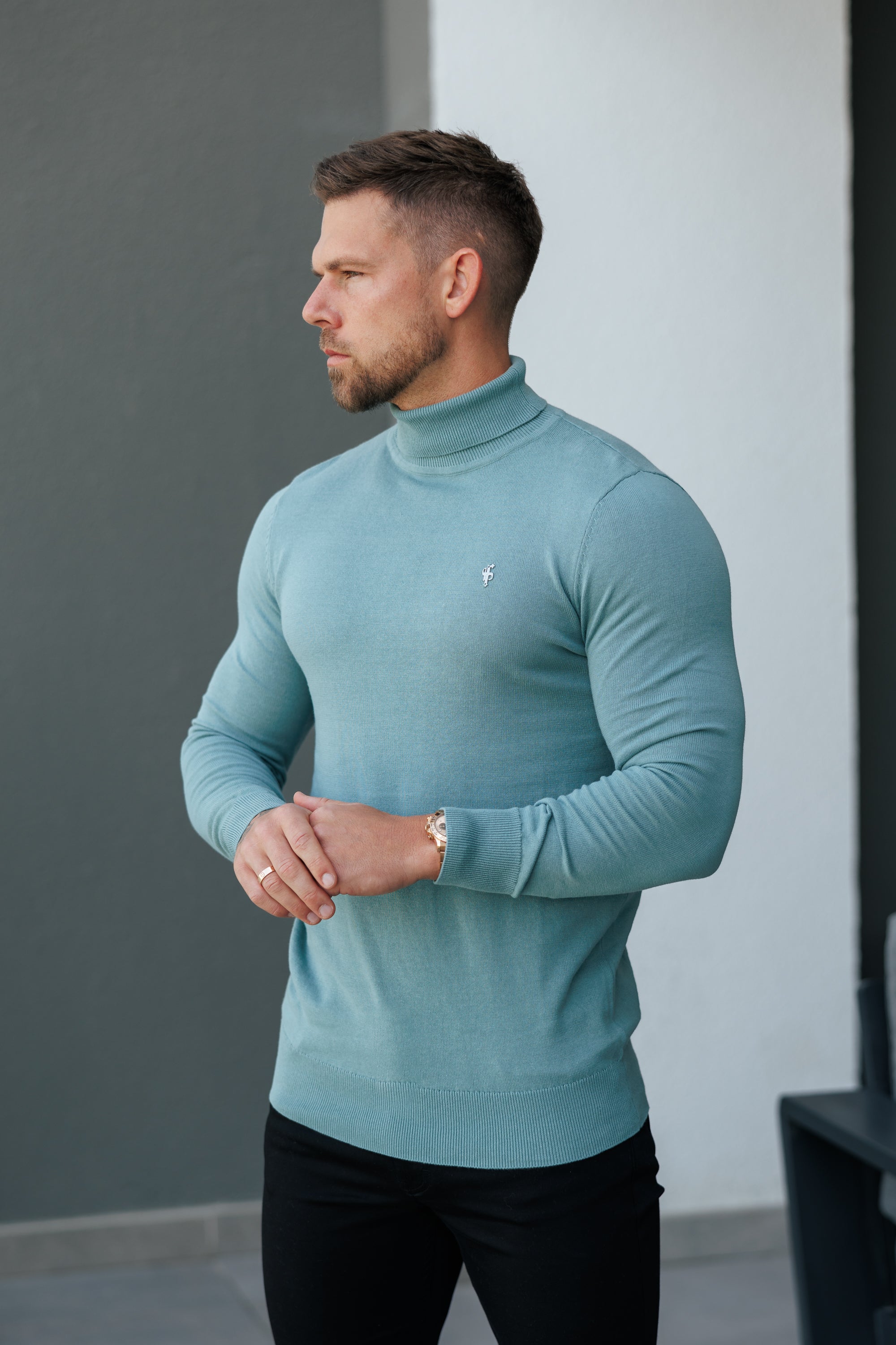 Teal Roll Neck Knitted Jumper With FS Branding - FSN205